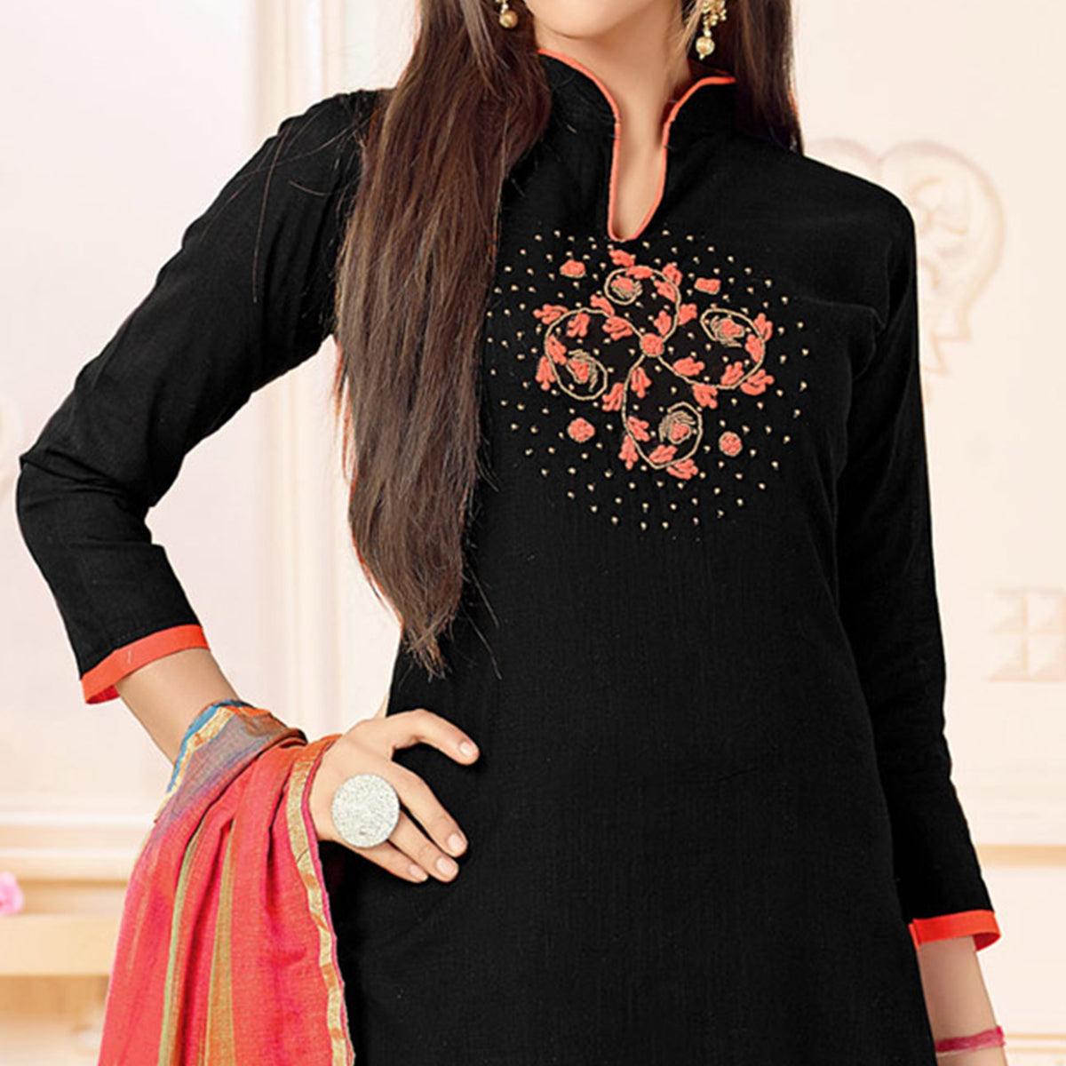 Flaunt Black Colored Embroidered Khadi Silk Dress Material - Peachmode