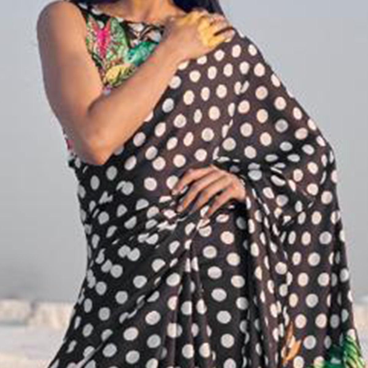 Flaunt Black Colored Partywear Digital Printed Japan Satin Crepe Saree - Peachmode