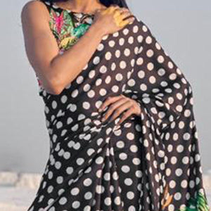 Flaunt Black Colored Partywear Digital Printed Japan Satin Crepe Saree - Peachmode