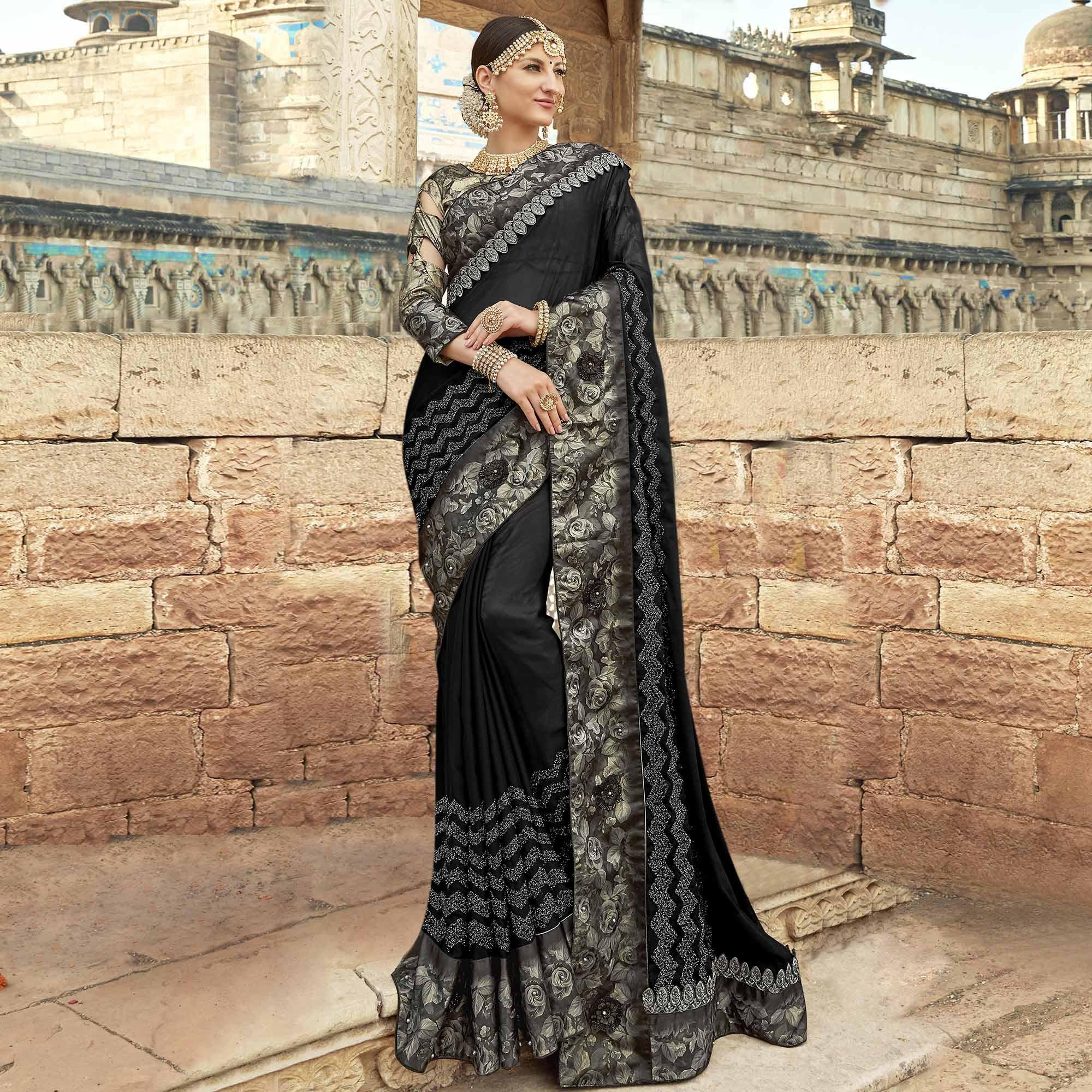 Flaunt Black Colored Partywear Embroidered Silk Saree - Peachmode
