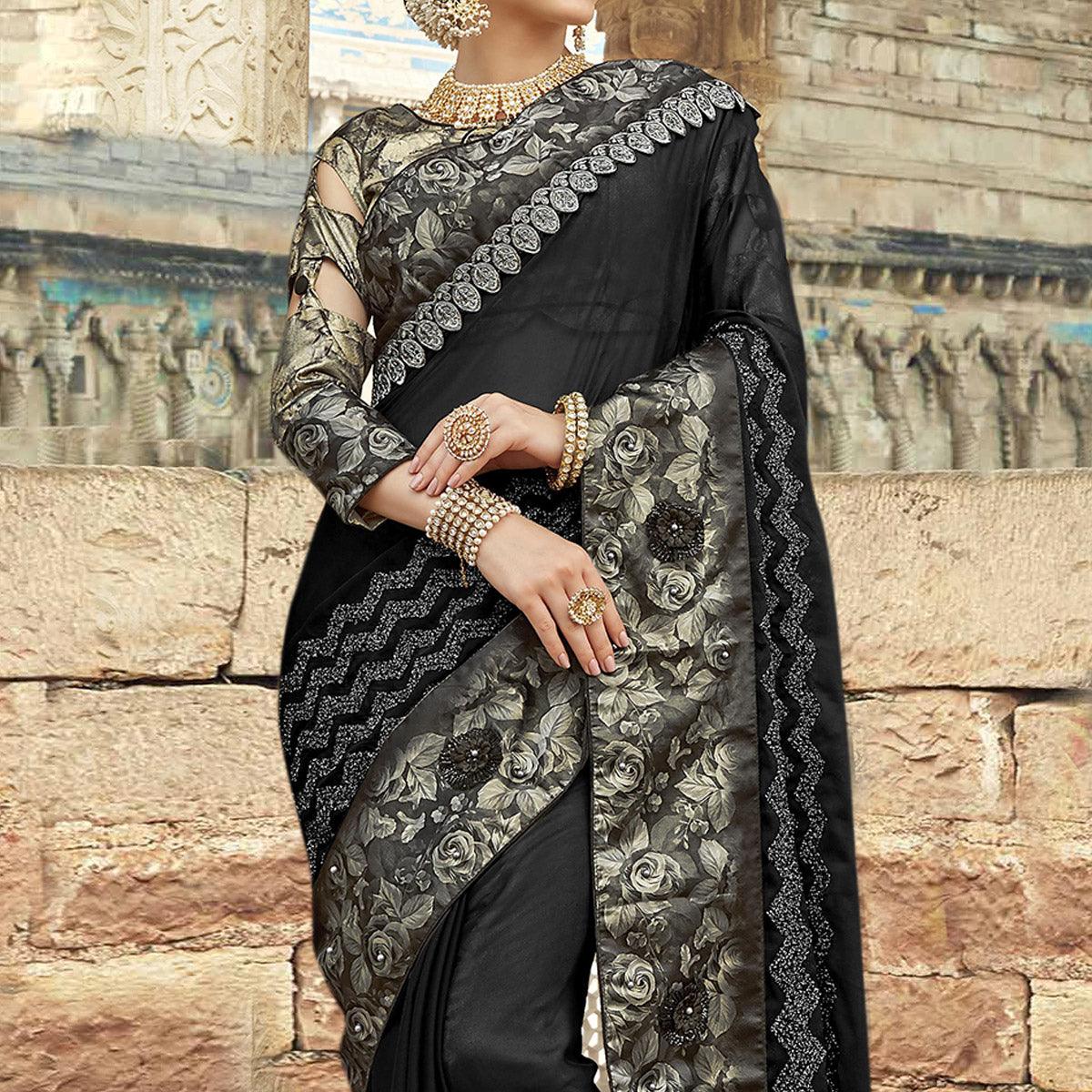 Flaunt Black Colored Partywear Embroidered Silk Saree - Peachmode