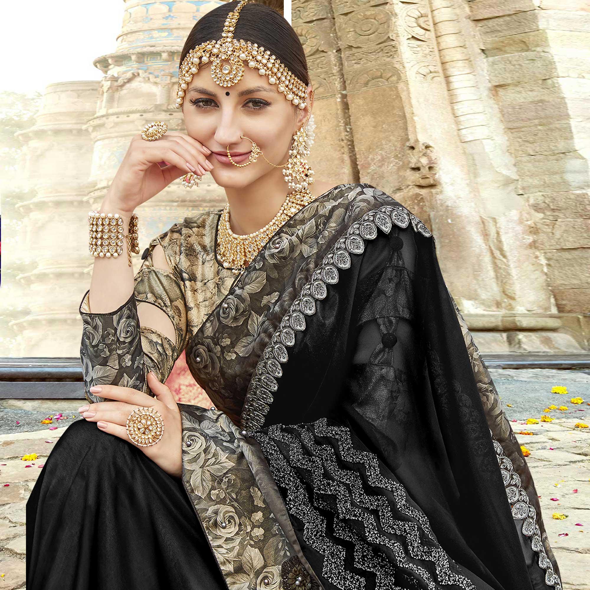 Flaunt Black Colored Partywear Embroidered Silk Saree - Peachmode