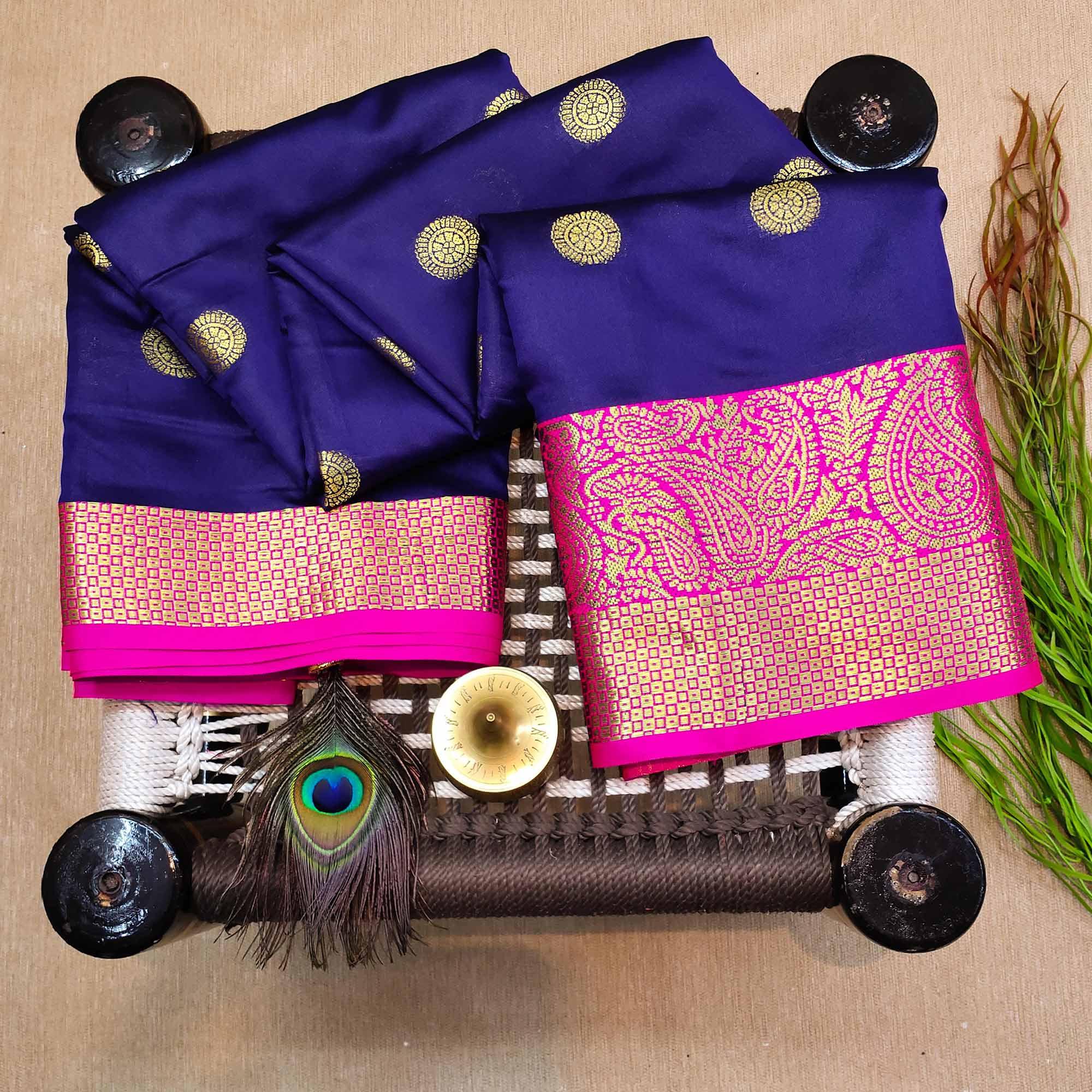 Flaunt Blue Colored Festive Wear Woven Kanjivaram Silk Saree - Peachmode