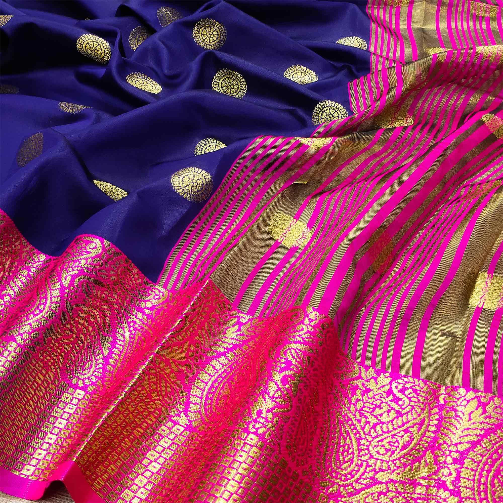 Flaunt Blue Colored Festive Wear Woven Kanjivaram Silk Saree - Peachmode