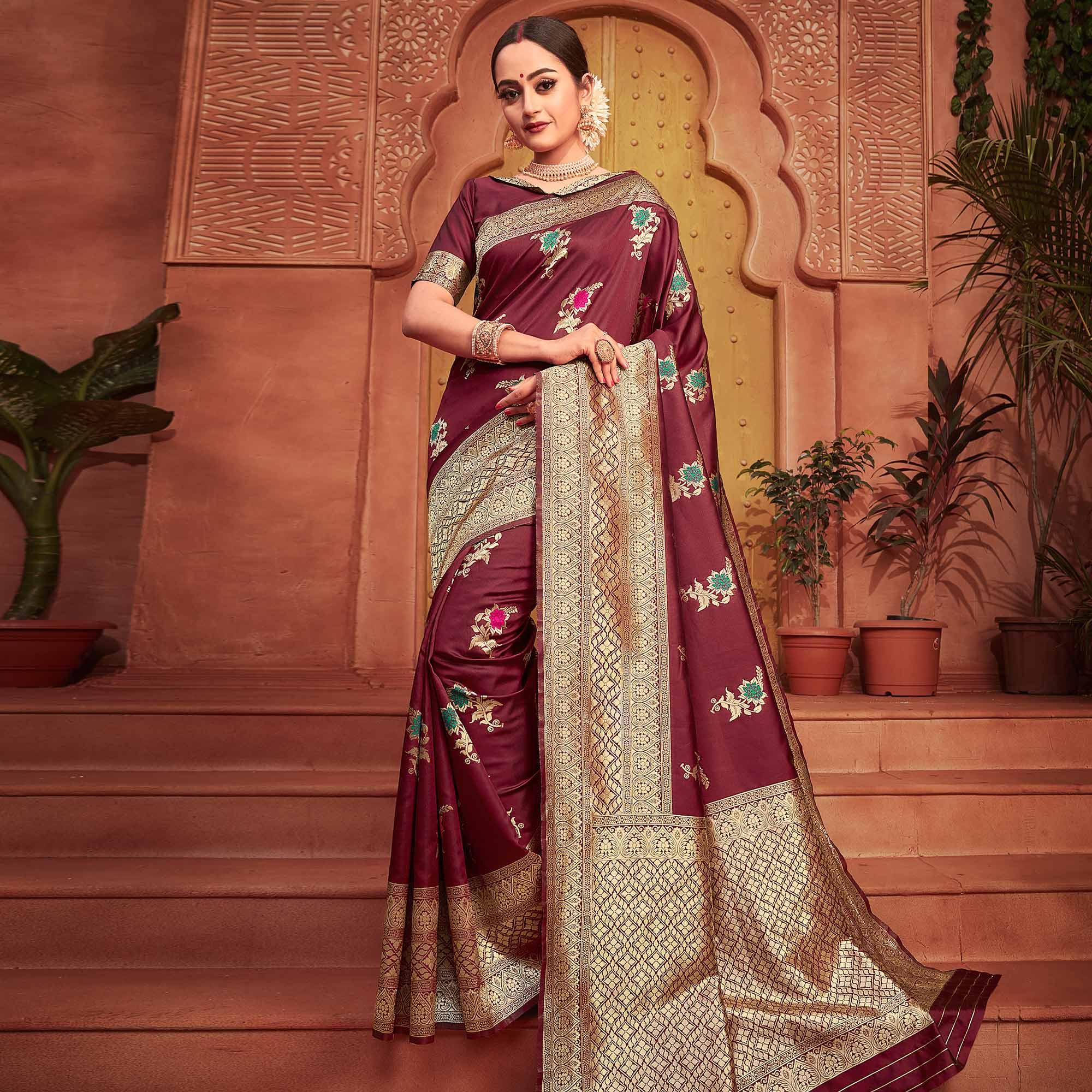 Flaunt Burgundy Colored Festive Wear Woven Designer Silk Saree - Peachmode