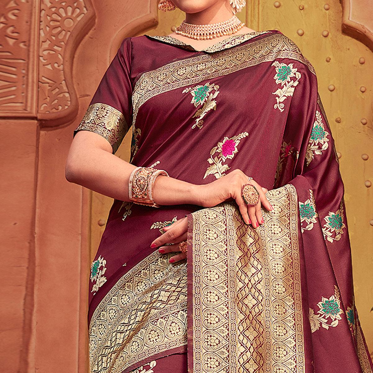 Flaunt Burgundy Colored Festive Wear Woven Designer Silk Saree - Peachmode