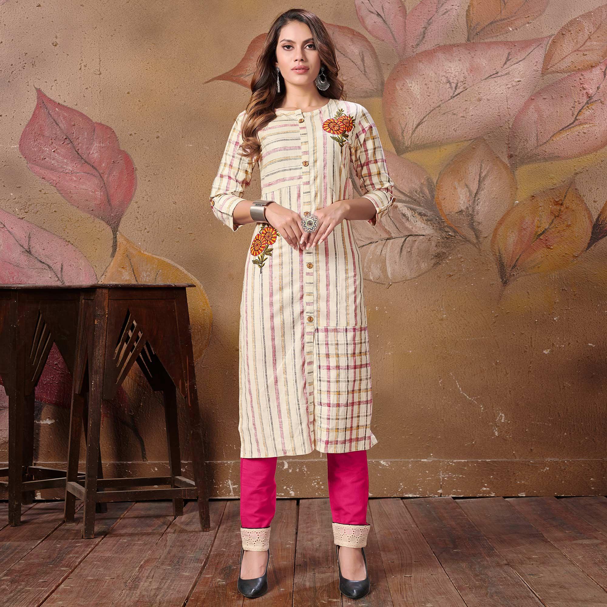 Flaunt Cream Colored Casual Embroidered Cotton Kurti-Bottom Set - Peachmode