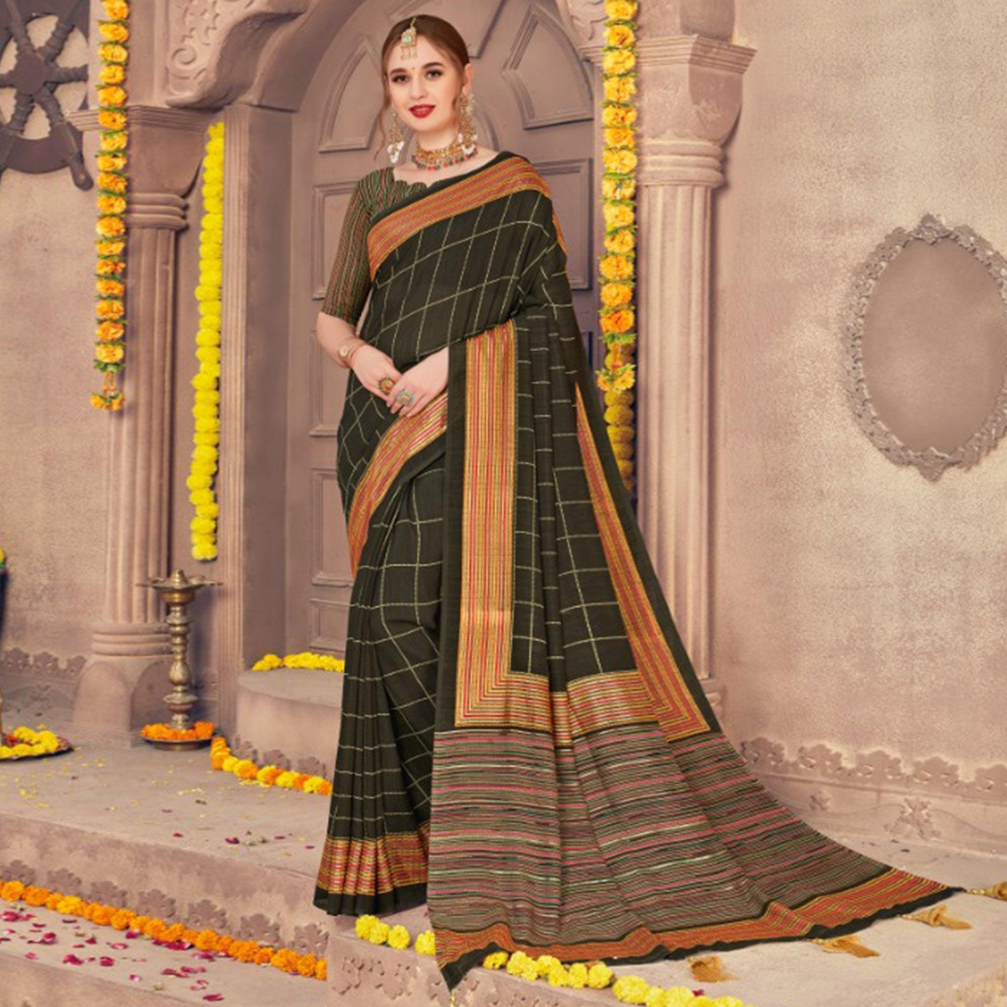 Flaunt Dark Green Colored Festive Wear Printed Georgette Saree With Tassels - Peachmode