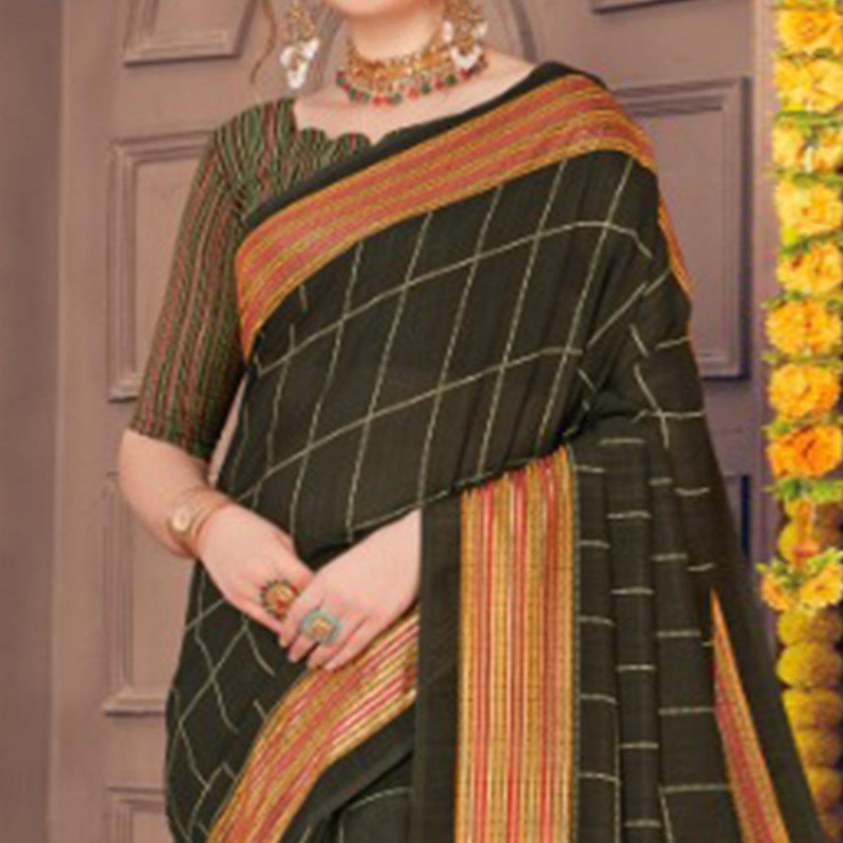 Flaunt Dark Green Colored Festive Wear Printed Georgette Saree With Tassels - Peachmode