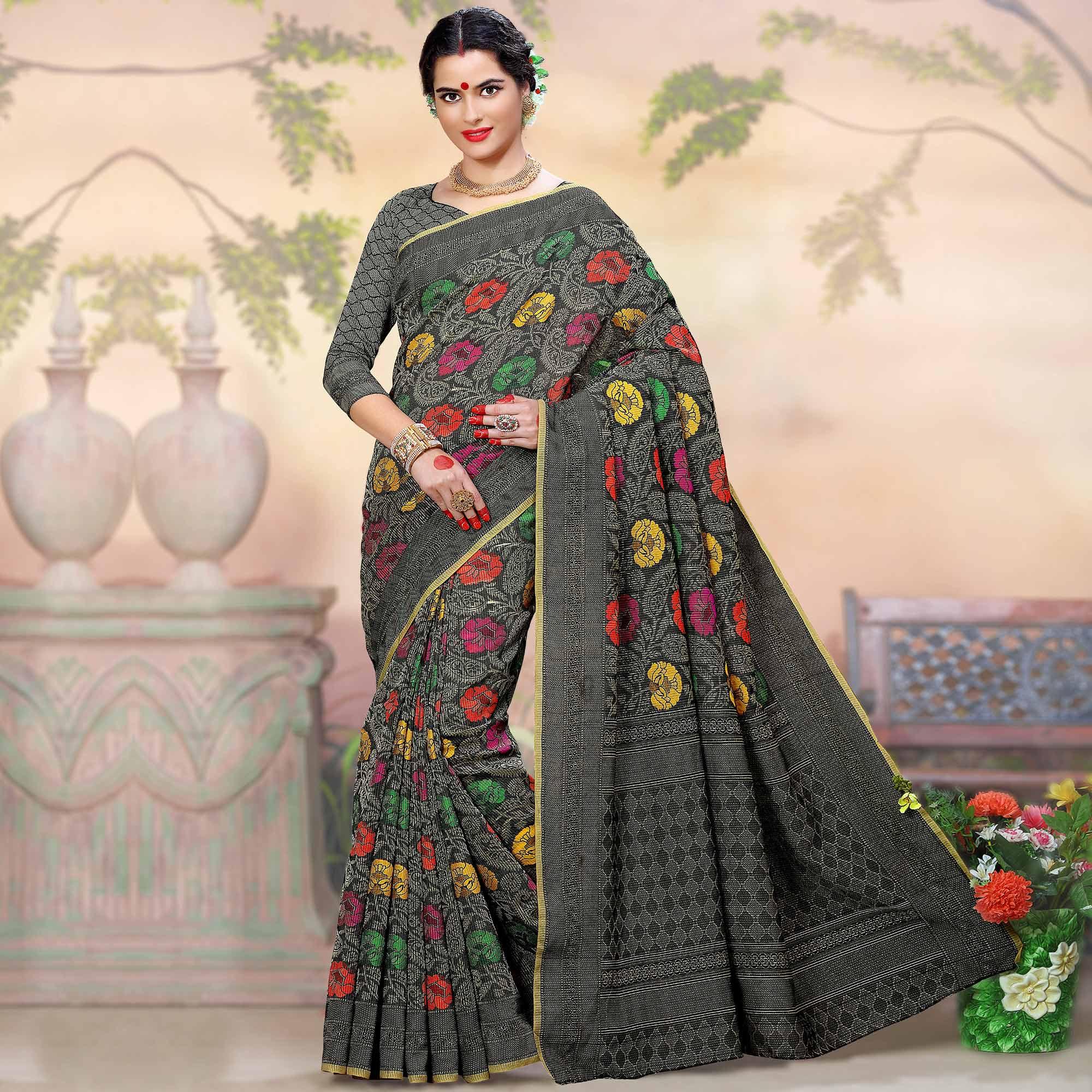 Flaunt Dark Grey Colored Festive Wear Woven Crystal Silk Saree - Peachmode