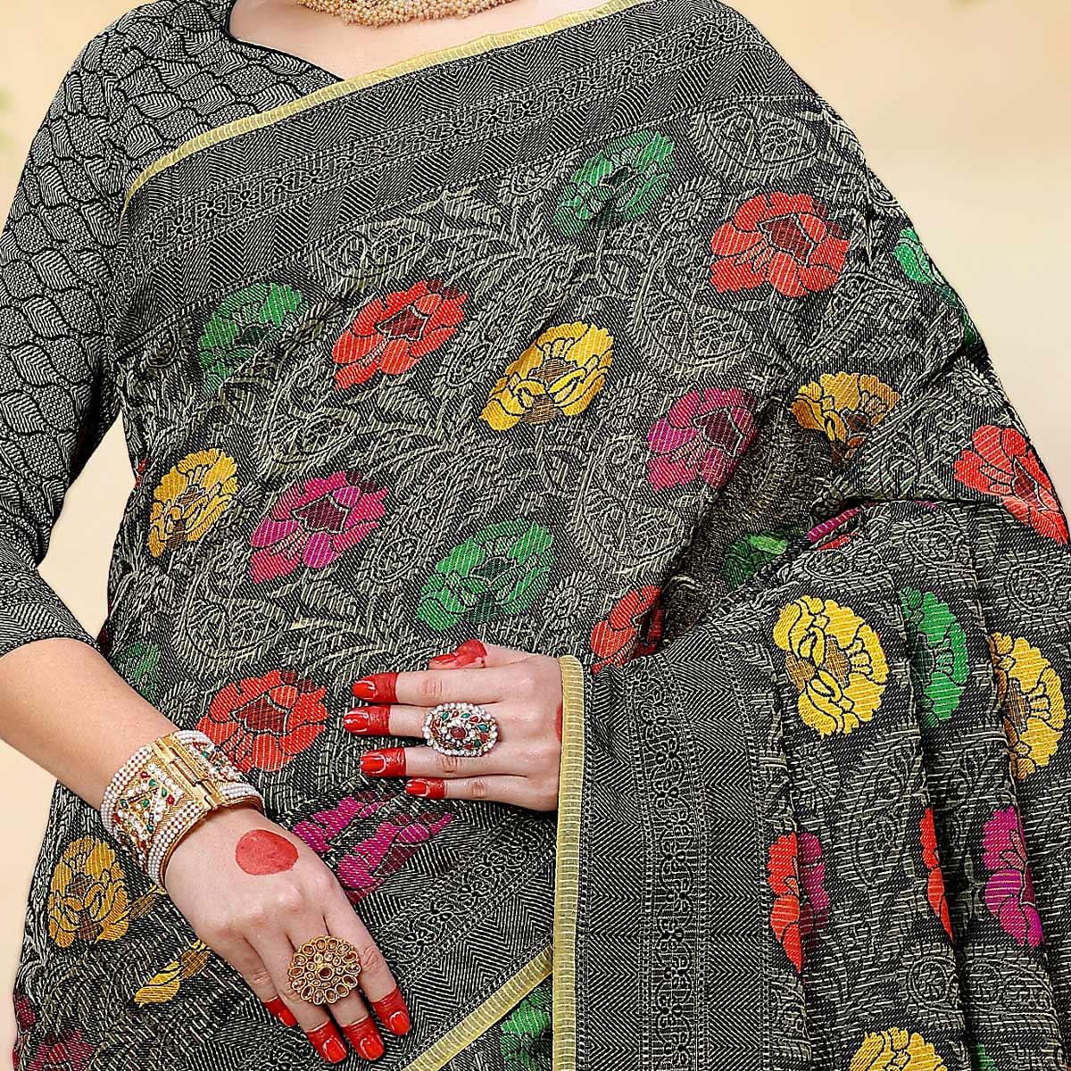 Flaunt Dark Grey Colored Festive Wear Woven Crystal Silk Saree - Peachmode