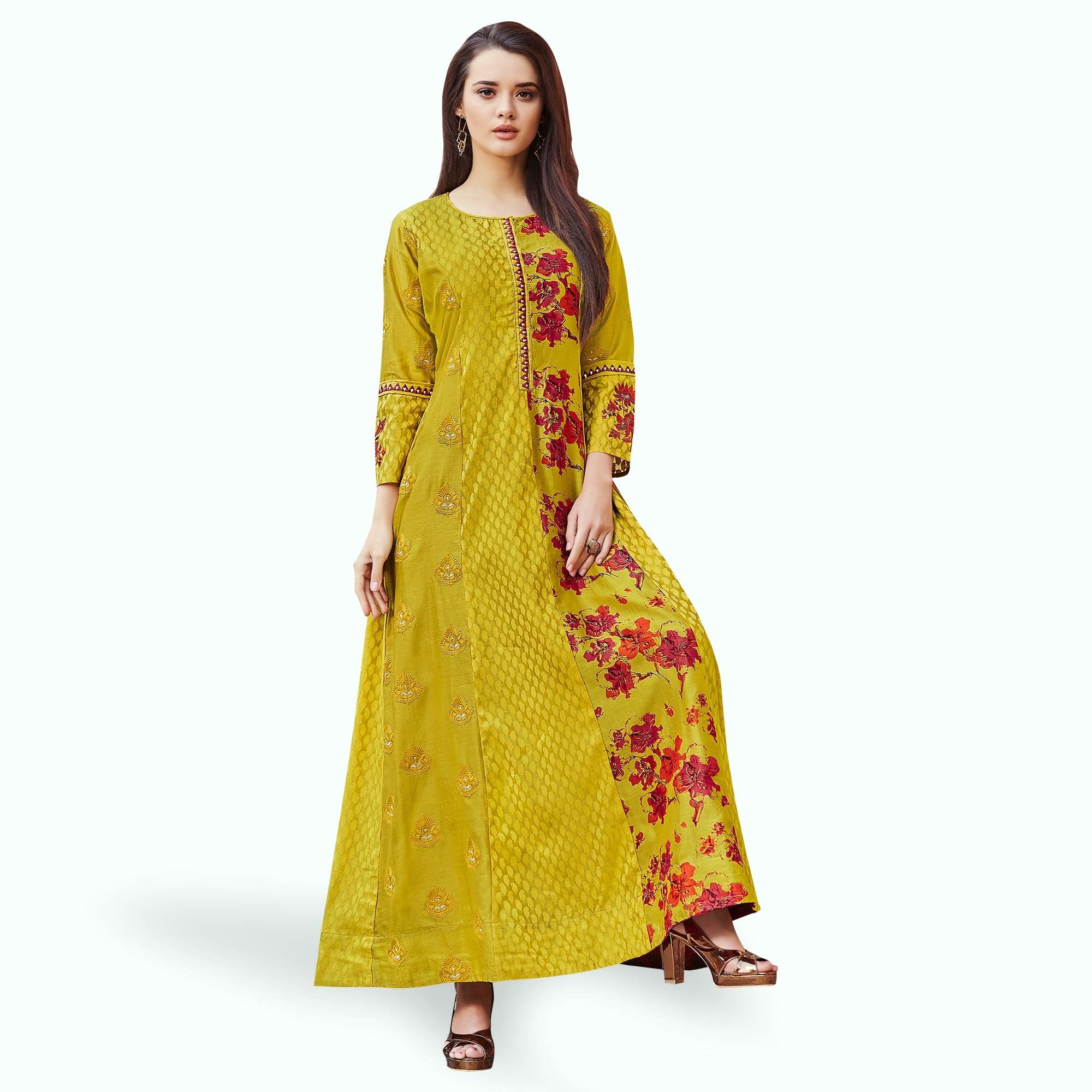 Flaunt Golden-Green Colored Casual Embroidered Cotton Gown - Peachmode