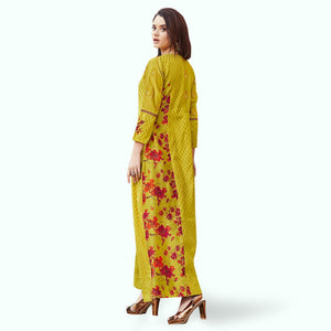 Flaunt Golden-Green Colored Casual Embroidered Cotton Gown - Peachmode