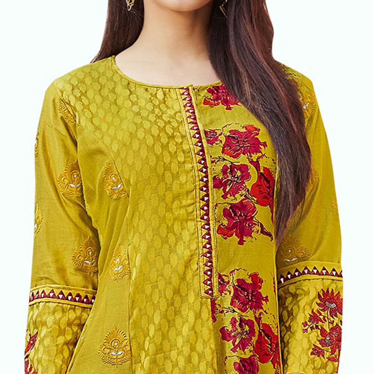 Flaunt Golden-Green Colored Casual Embroidered Cotton Gown - Peachmode