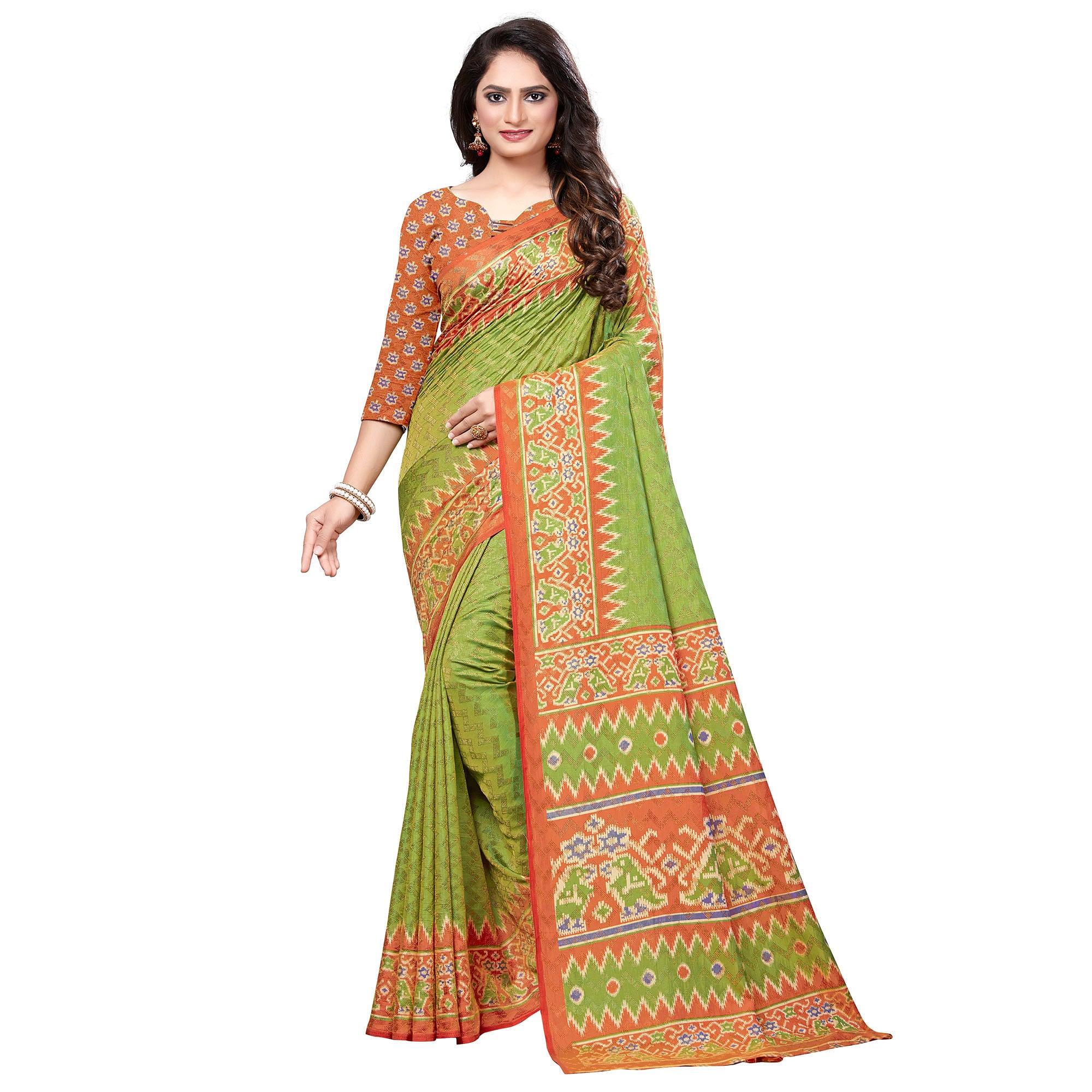 Flaunt Green Colored Casual Printed Art Silk Saree - Peachmode