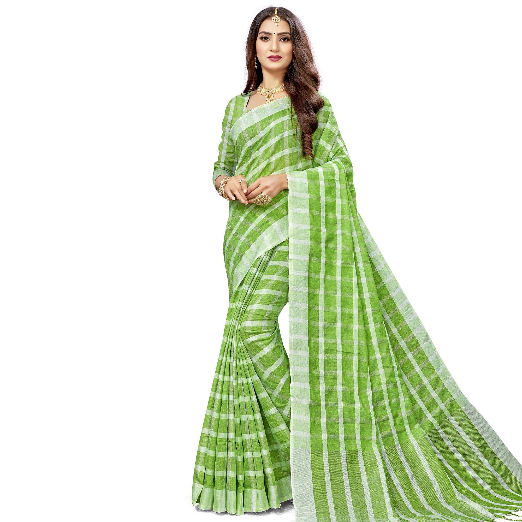 Flaunt Green Colored Fesive Wear Checks Print Cotton Silk Saree With Tassels - Peachmode