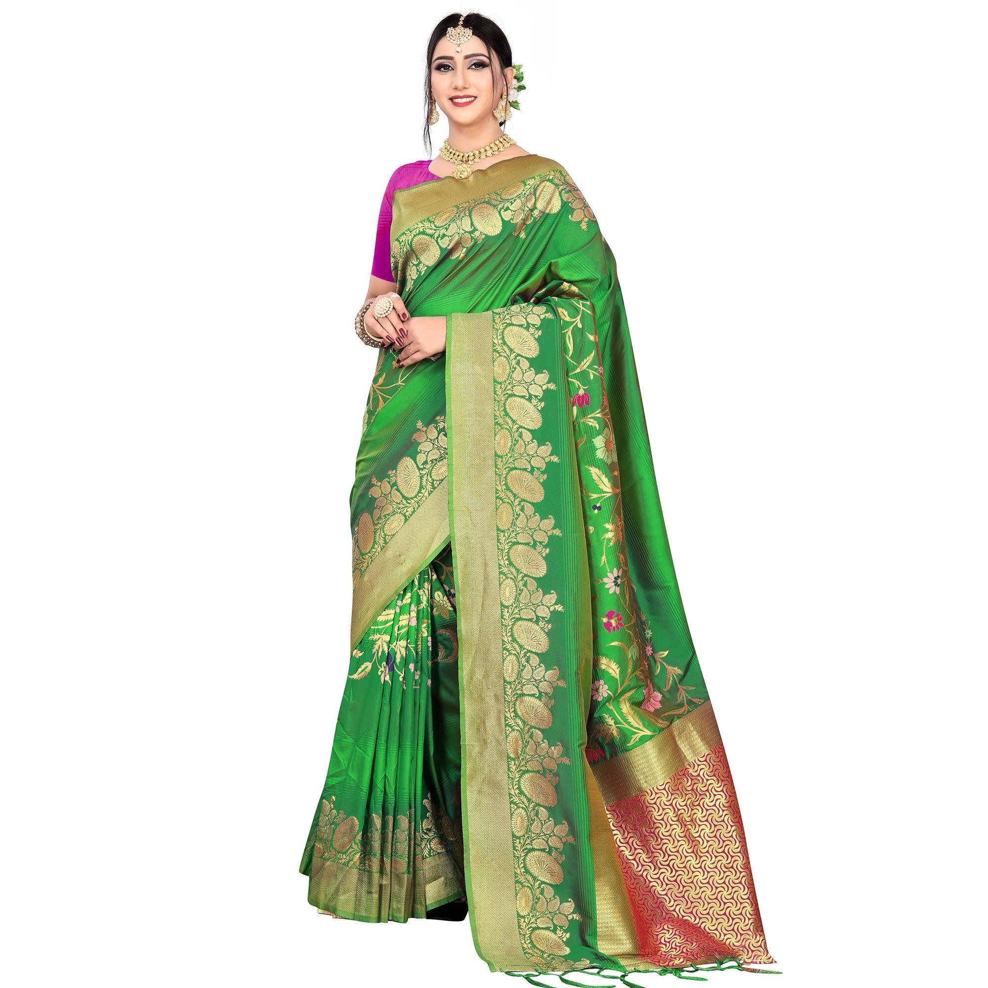 Flaunt Green Colored Festive Wear Meenakari Woven Work Silk Saree With Tassels - Peachmode