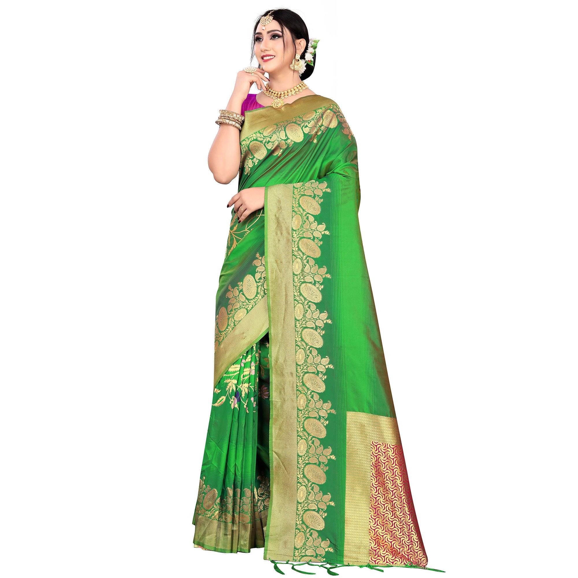 Flaunt Green Colored Festive Wear Meenakari Woven Work Silk Saree With Tassels - Peachmode