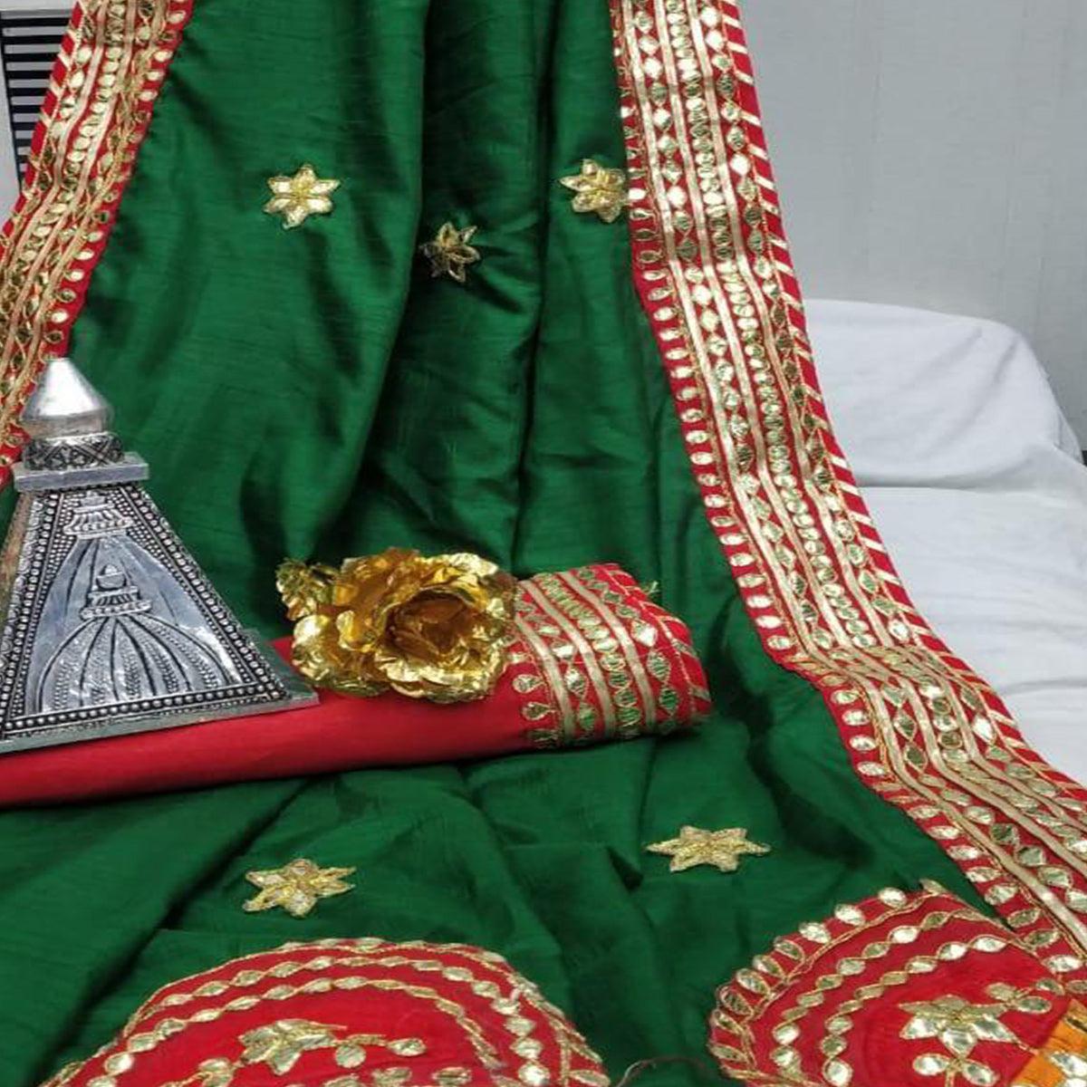 Flaunt Green Colored Festive Wear Woven Moss Georgette Saree - Peachmode
