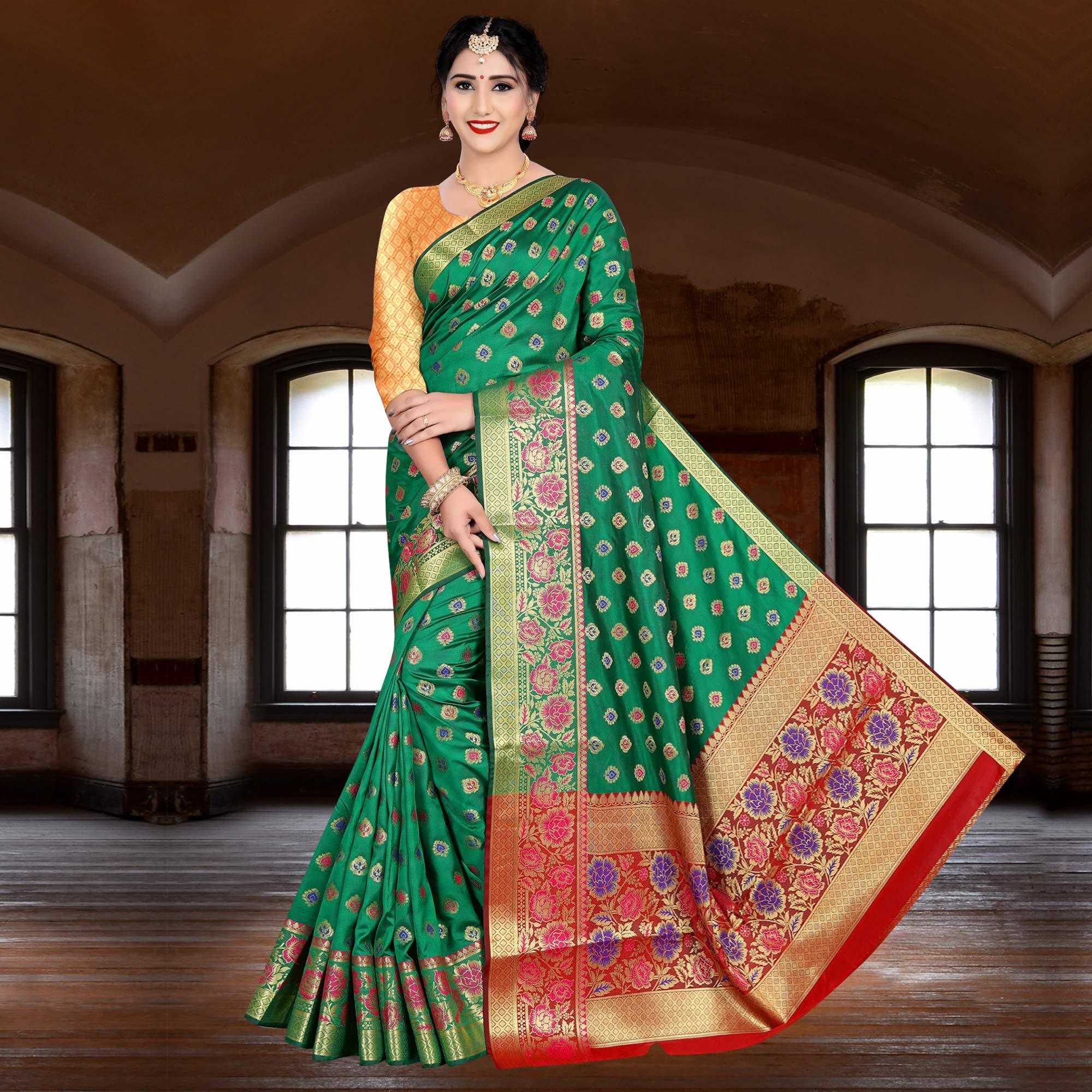 Flaunt Green Colored Festive Wear Woven Silk Saree - Peachmode