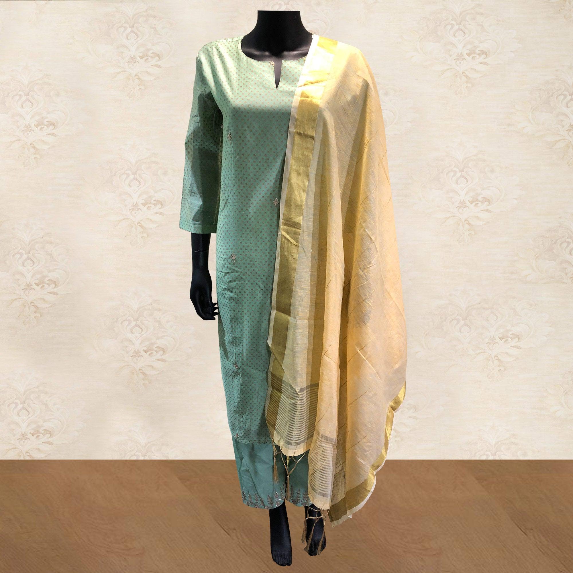 Flaunt Green Colored Partywear Embroidered Cotton Kurti-Bottom Set With Dupatta - Peachmode