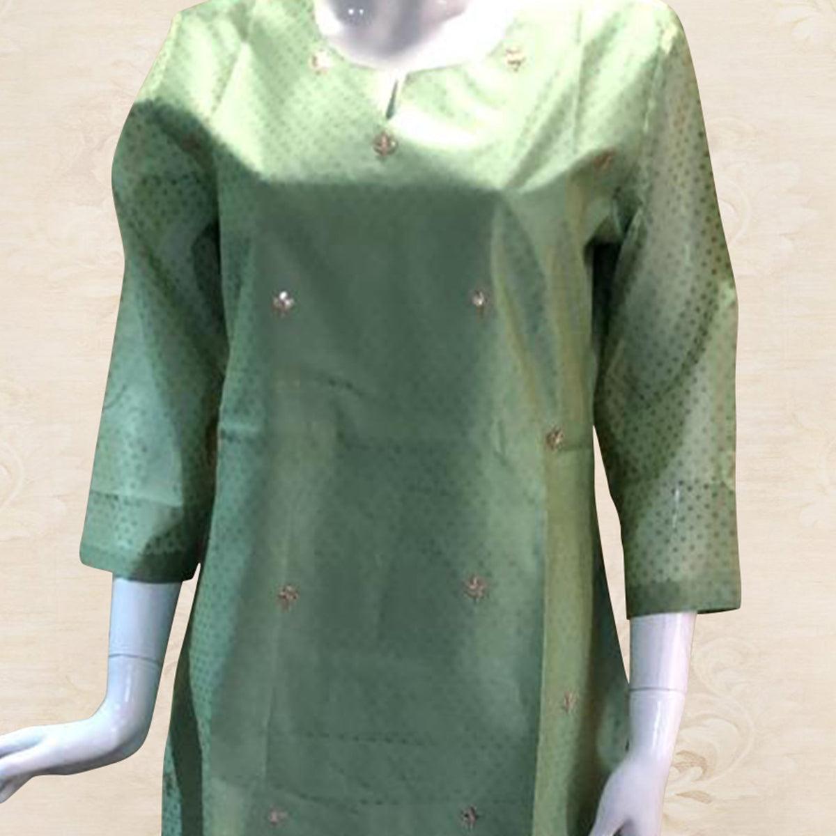 Flaunt Green Colored Partywear Embroidered Cotton Kurti-Bottom Set With Dupatta - Peachmode