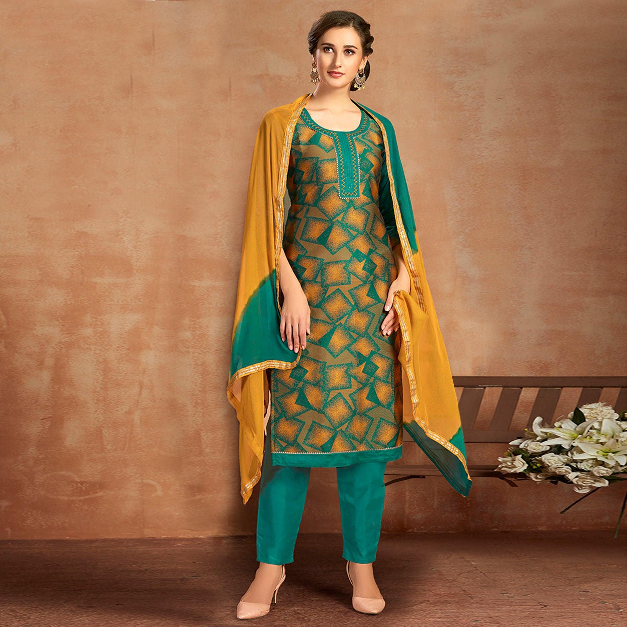Flaunt Green Colored Partywear Embroidered Pure Cotton Dress Material - Peachmode