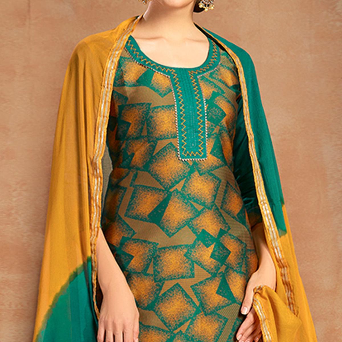 Flaunt Green Colored Partywear Embroidered Pure Cotton Dress Material - Peachmode