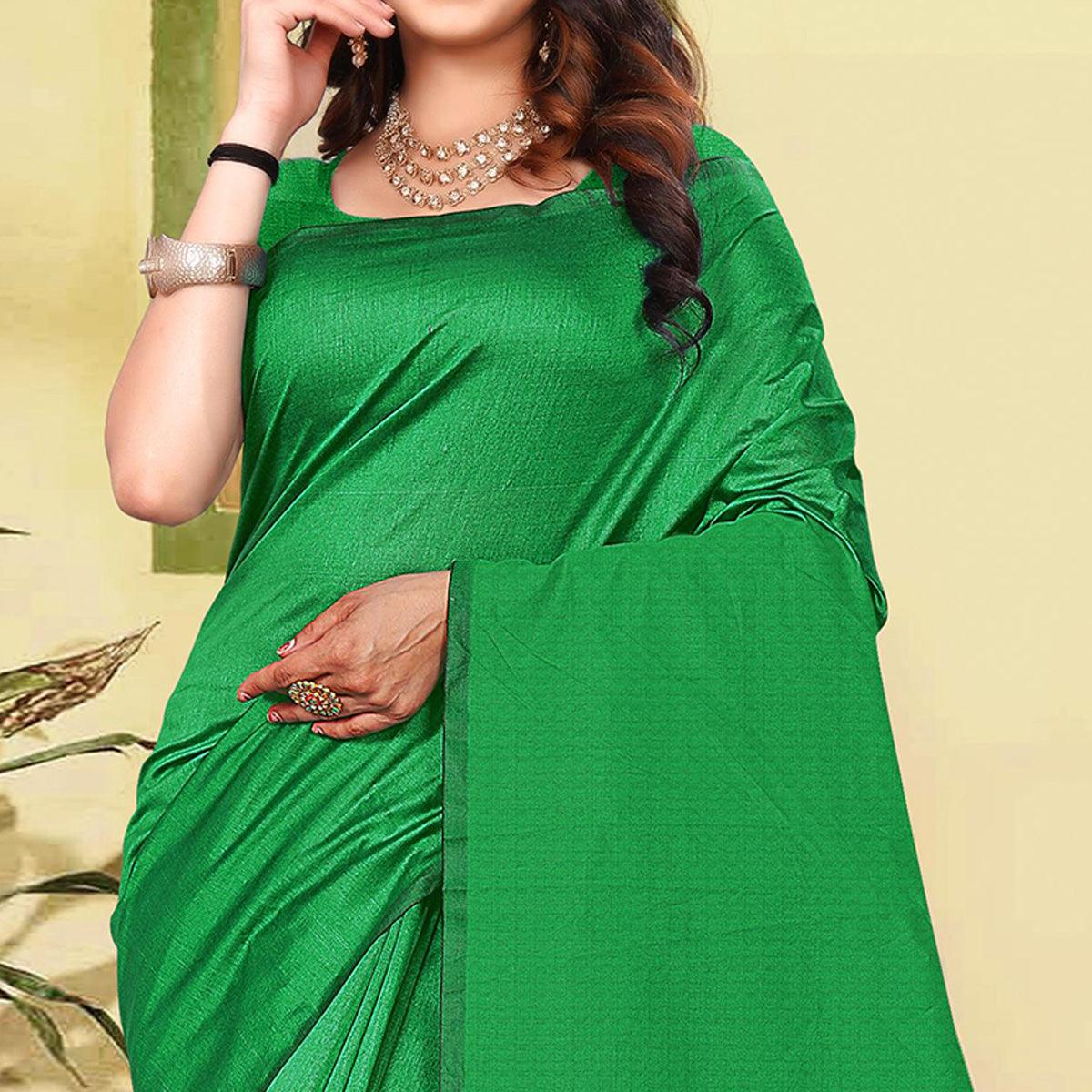 Flaunt Green Colored Partywear Solid Cotton Silk Saree - Peachmode