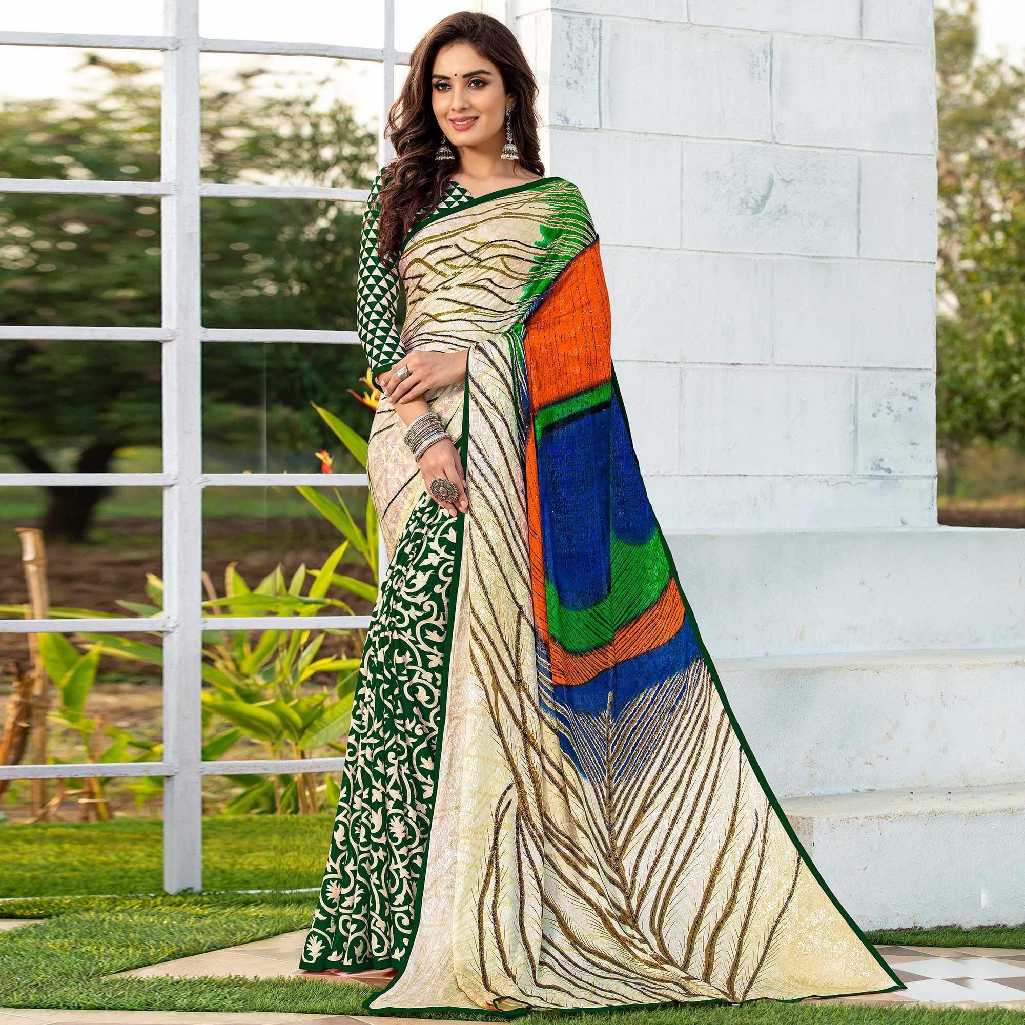 Flaunt Green-Cream Colored Party Wear Printed Silk Half-Half Saree - Peachmode