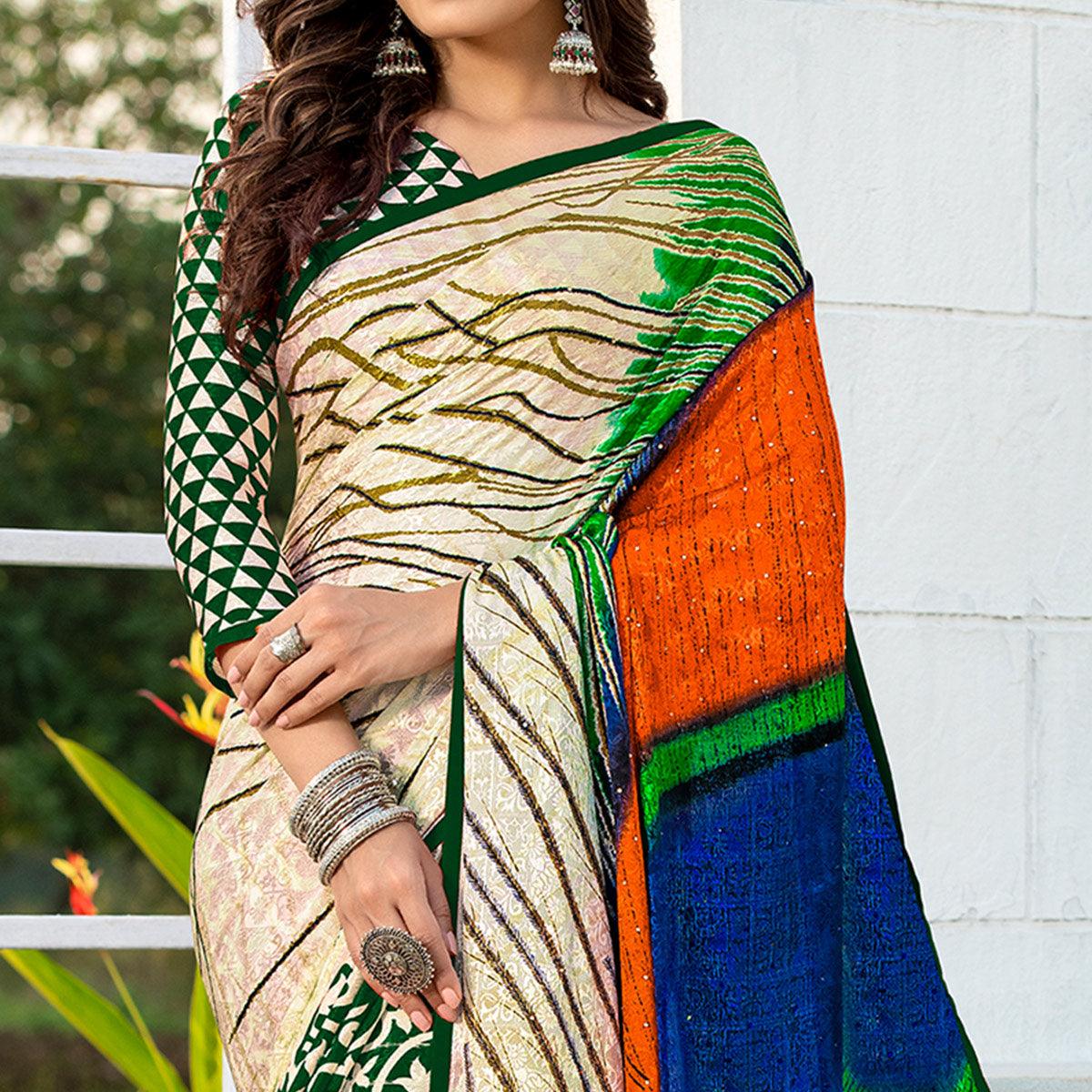 Flaunt Green-Cream Colored Party Wear Printed Silk Half-Half Saree - Peachmode