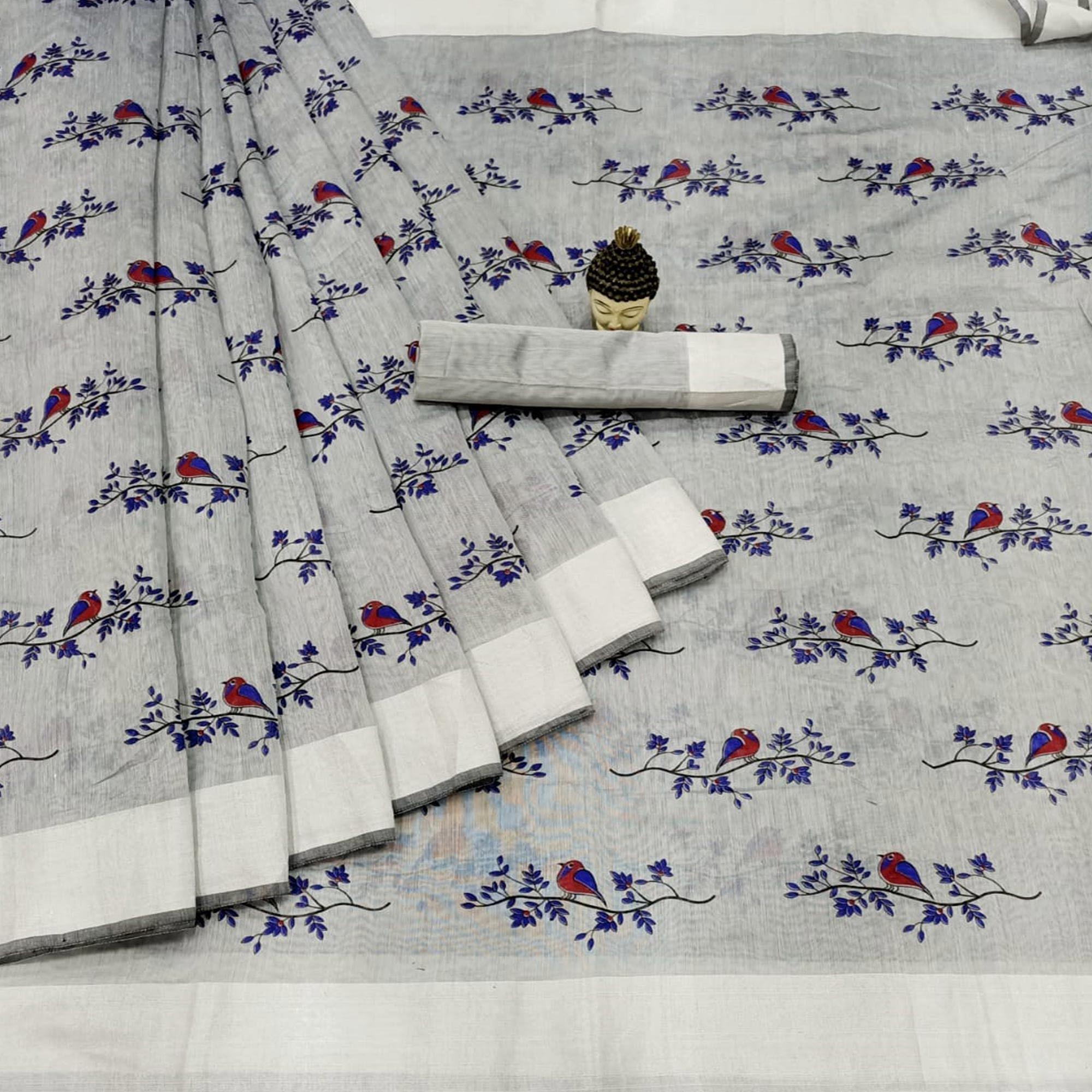 Flaunt Grey Colored Casual Wear Printed Cotton Linen Saree - Peachmode