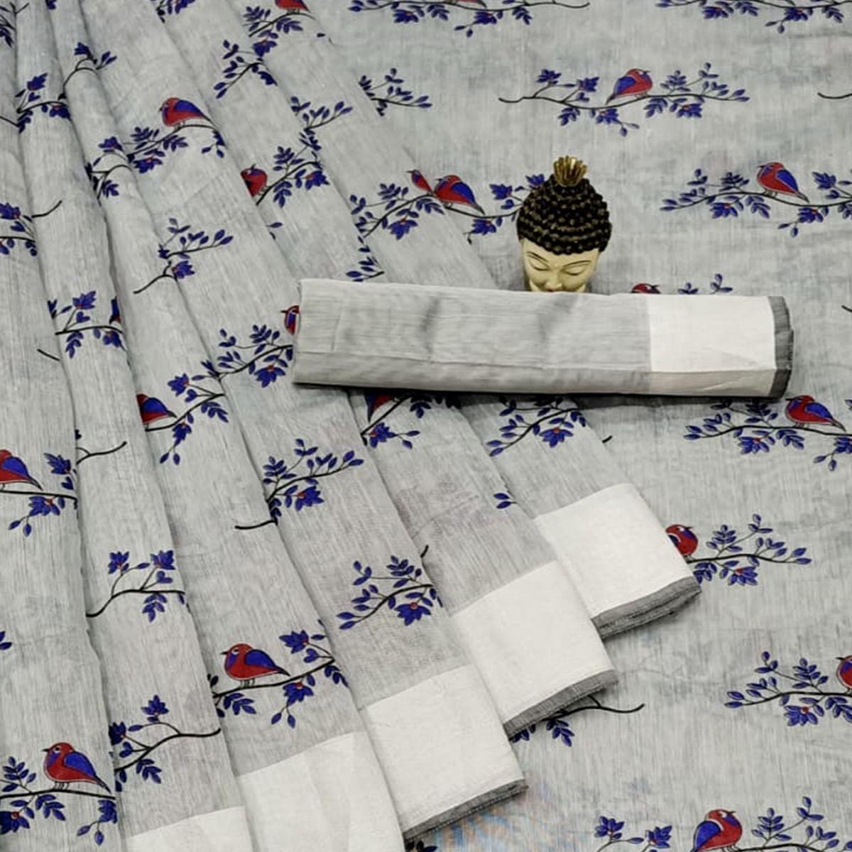 Flaunt Grey Colored Casual Wear Printed Cotton Linen Saree - Peachmode