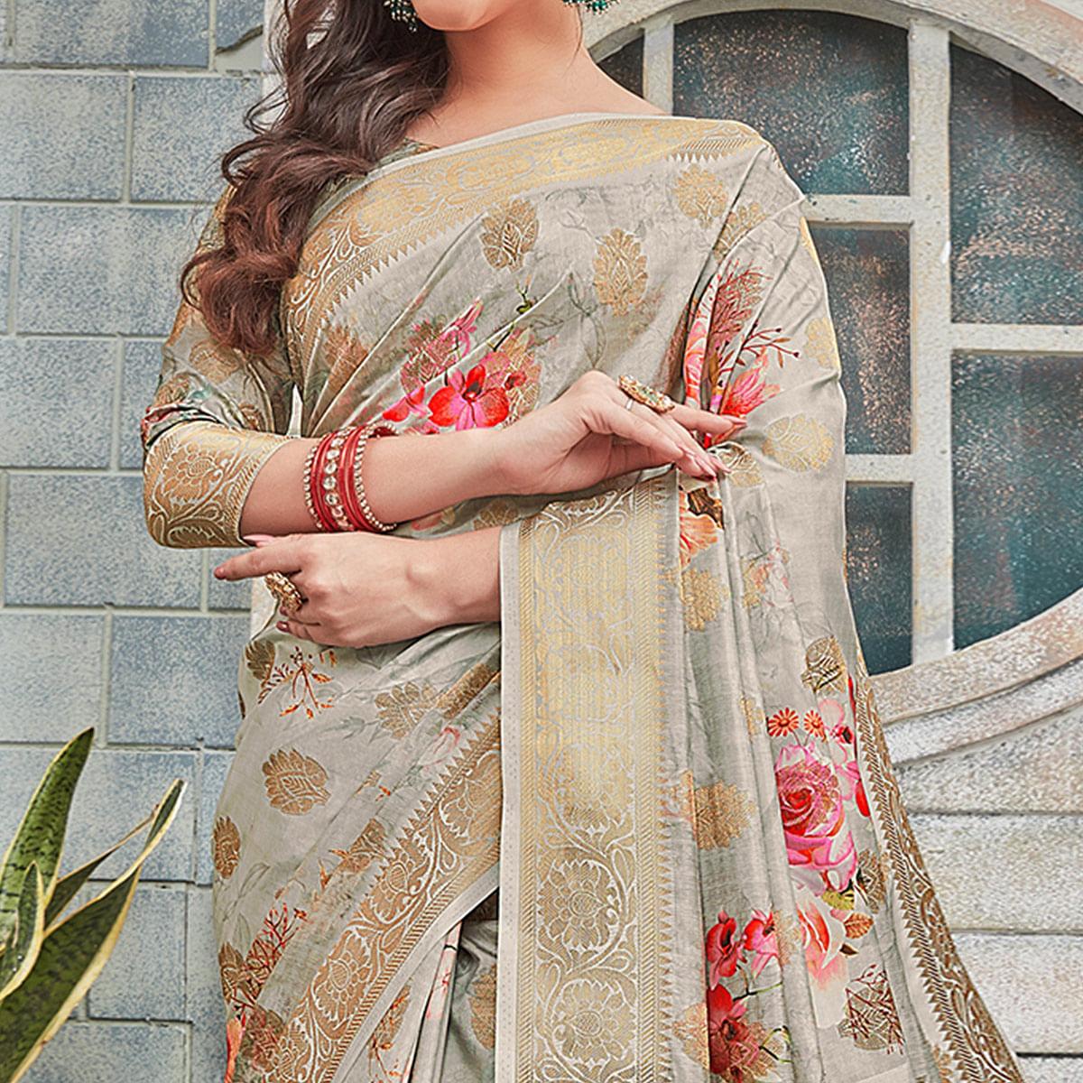 Flaunt Grey Colored Festive Wear Woven Silk Saree - Peachmode
