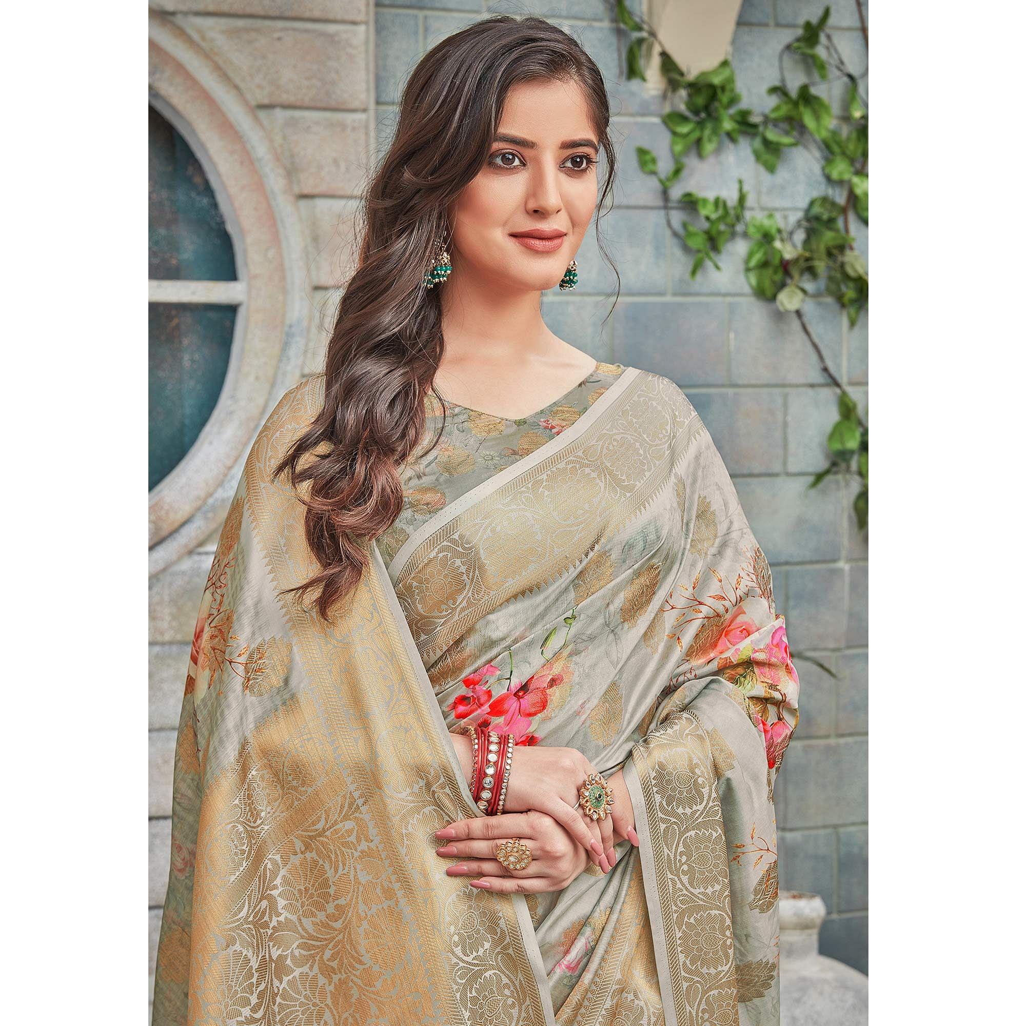 Flaunt Grey Colored Festive Wear Woven Silk Saree - Peachmode