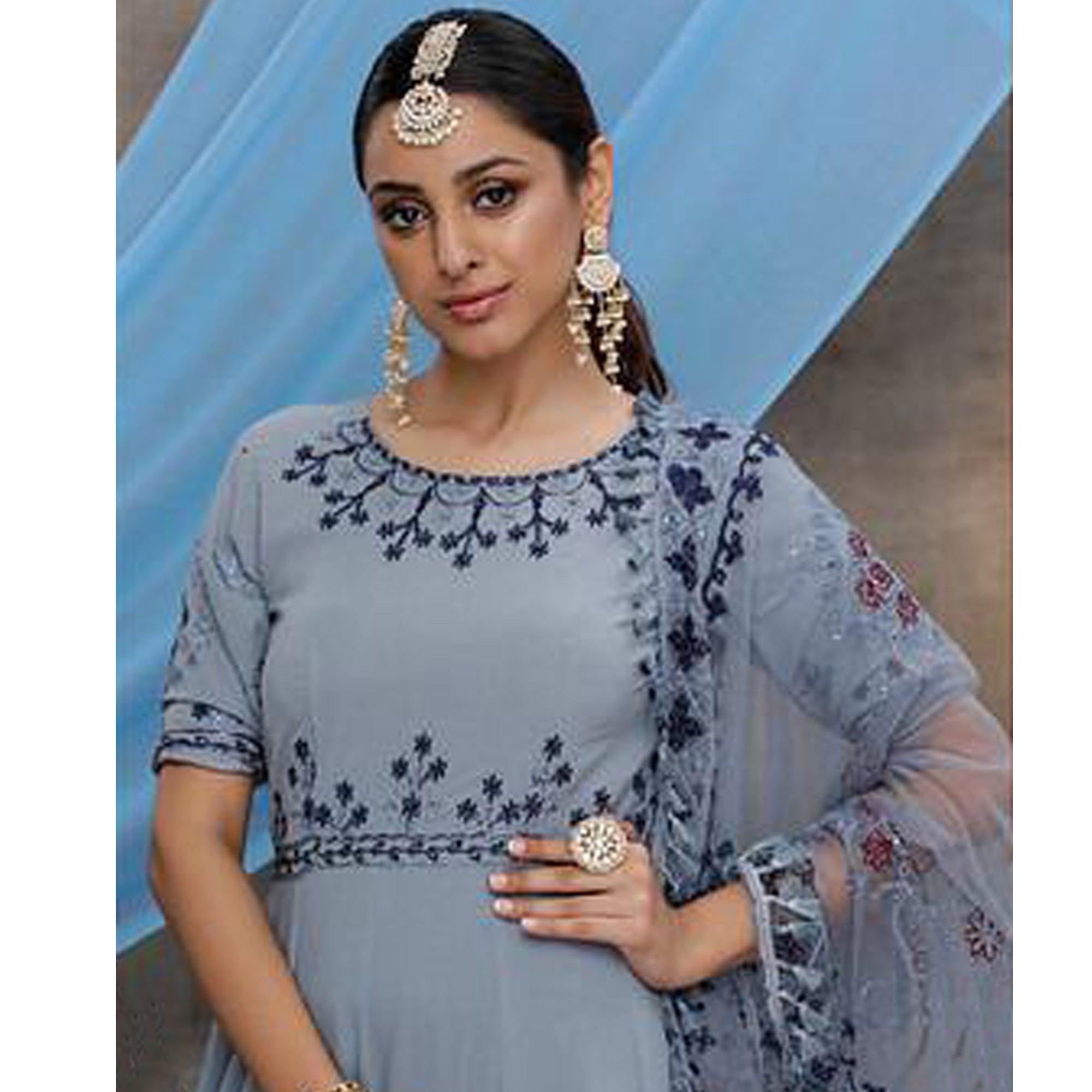 Flaunt Grey Colored Partywear Embroidered Georgette Anarkali Suit - Peachmode