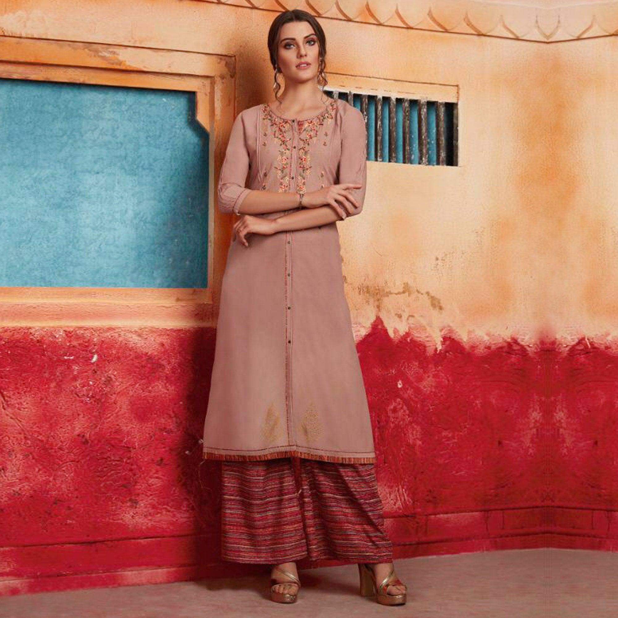 Flaunt Light Brown Colored Partywear Embroidered Pure Muslin-Silk Kurti-Palazzo Set - Peachmode