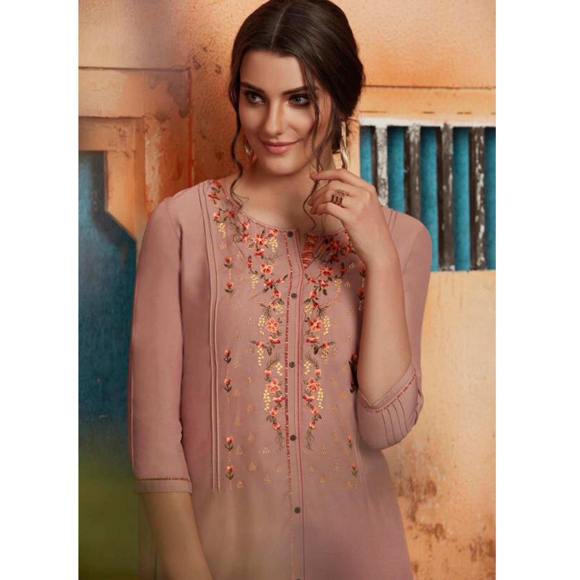 Flaunt Light Brown Colored Partywear Embroidered Pure Muslin-Silk Kurti-Palazzo Set - Peachmode