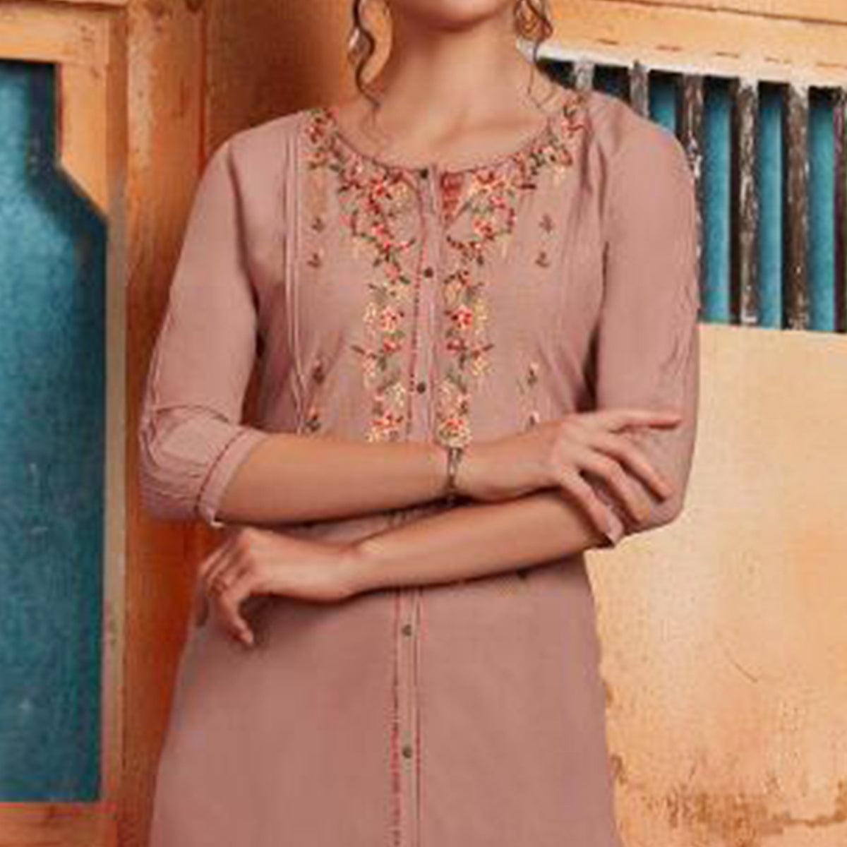 Flaunt Light Brown Colored Partywear Embroidered Pure Muslin-Silk Kurti-Palazzo Set - Peachmode