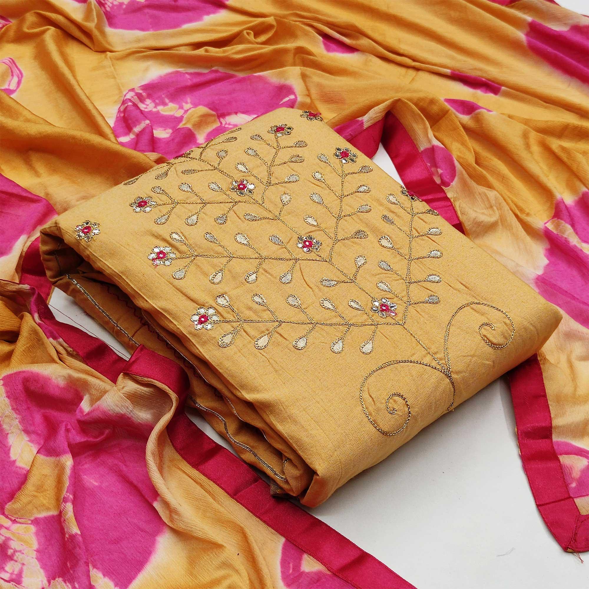 Flaunt Mustard Colored Festive Wear Embroidered Handloom Cotton Dress Material - Peachmode