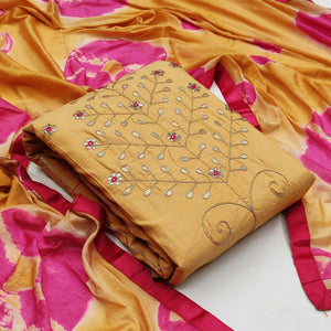 Flaunt Mustard Colored Festive Wear Embroidered Handloom Cotton Dress Material - Peachmode
