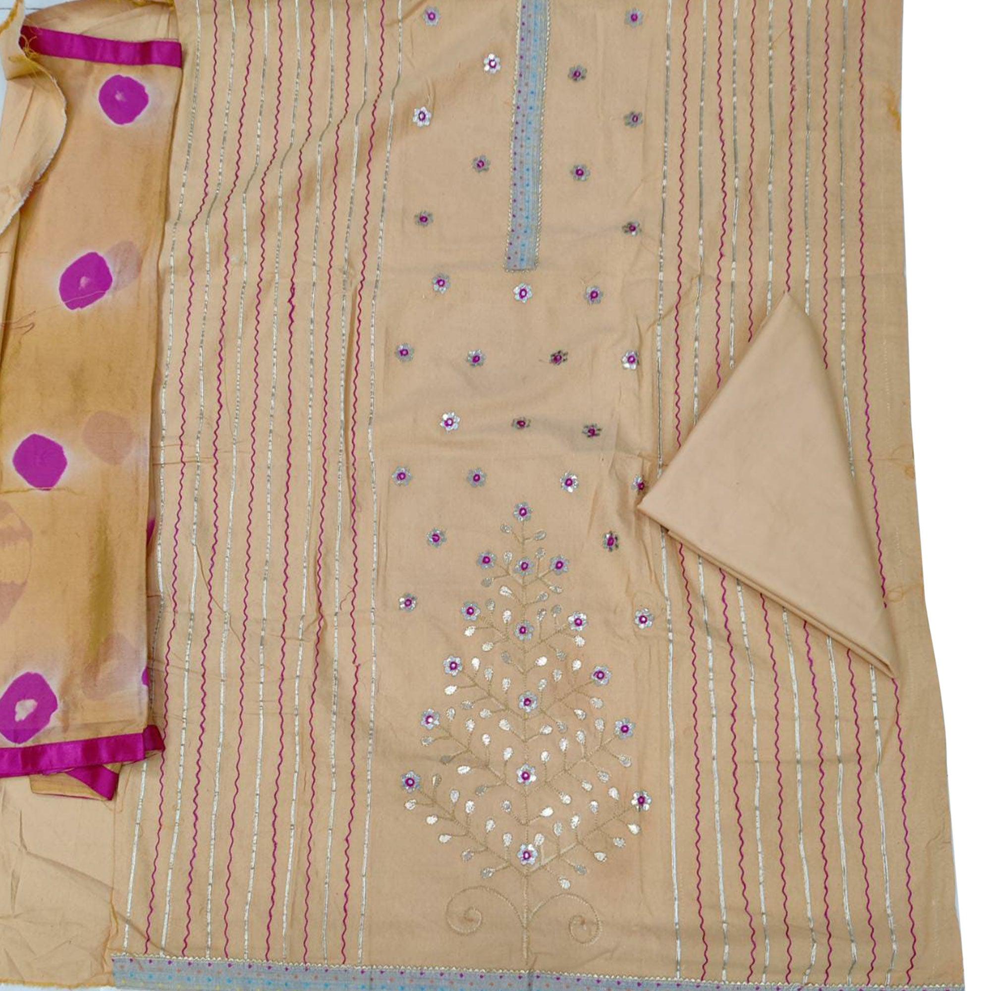 Flaunt Mustard Colored Festive Wear Embroidered Handloom Cotton Dress Material - Peachmode