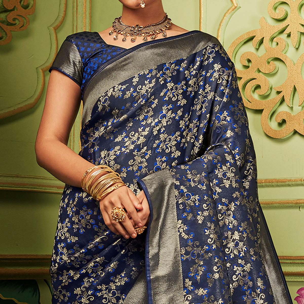 Flaunt Navy Blue Colored Festive Wear Woven Banarasi Silk Saree - Peachmode