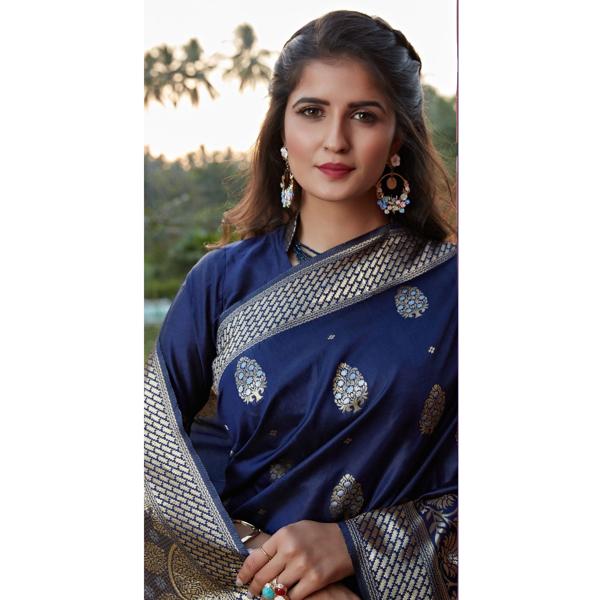 Flaunt Navy Blue Colored Festive Wear Woven Banarasi Silk Saree - Peachmode