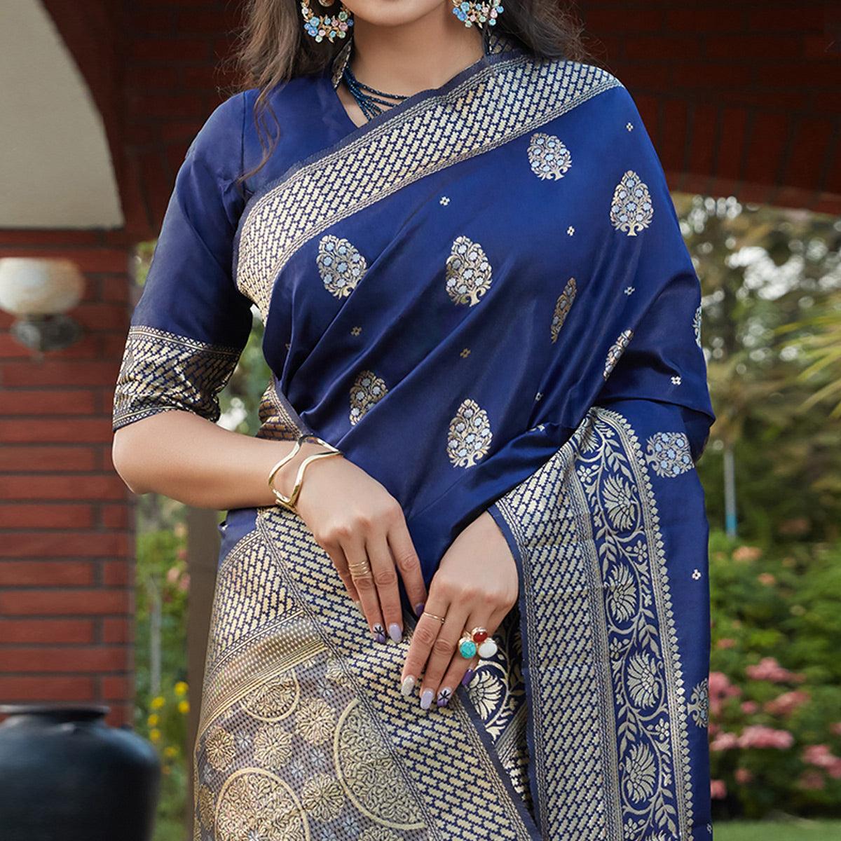 Flaunt Navy Blue Colored Festive Wear Woven Banarasi Silk Saree - Peachmode