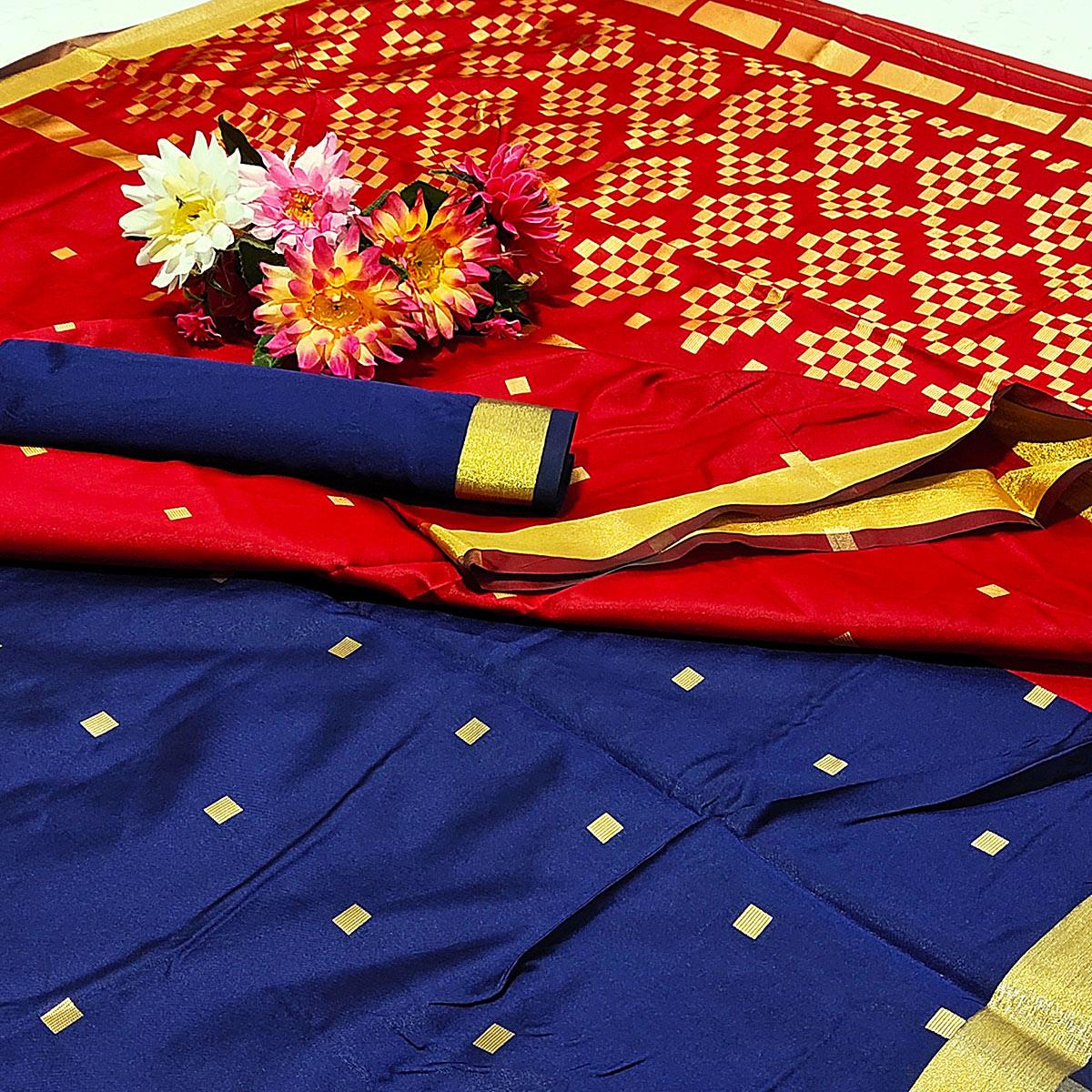Flaunt Navy Blue Colored Festive Wear Woven Soft Silk Saree - Peachmode