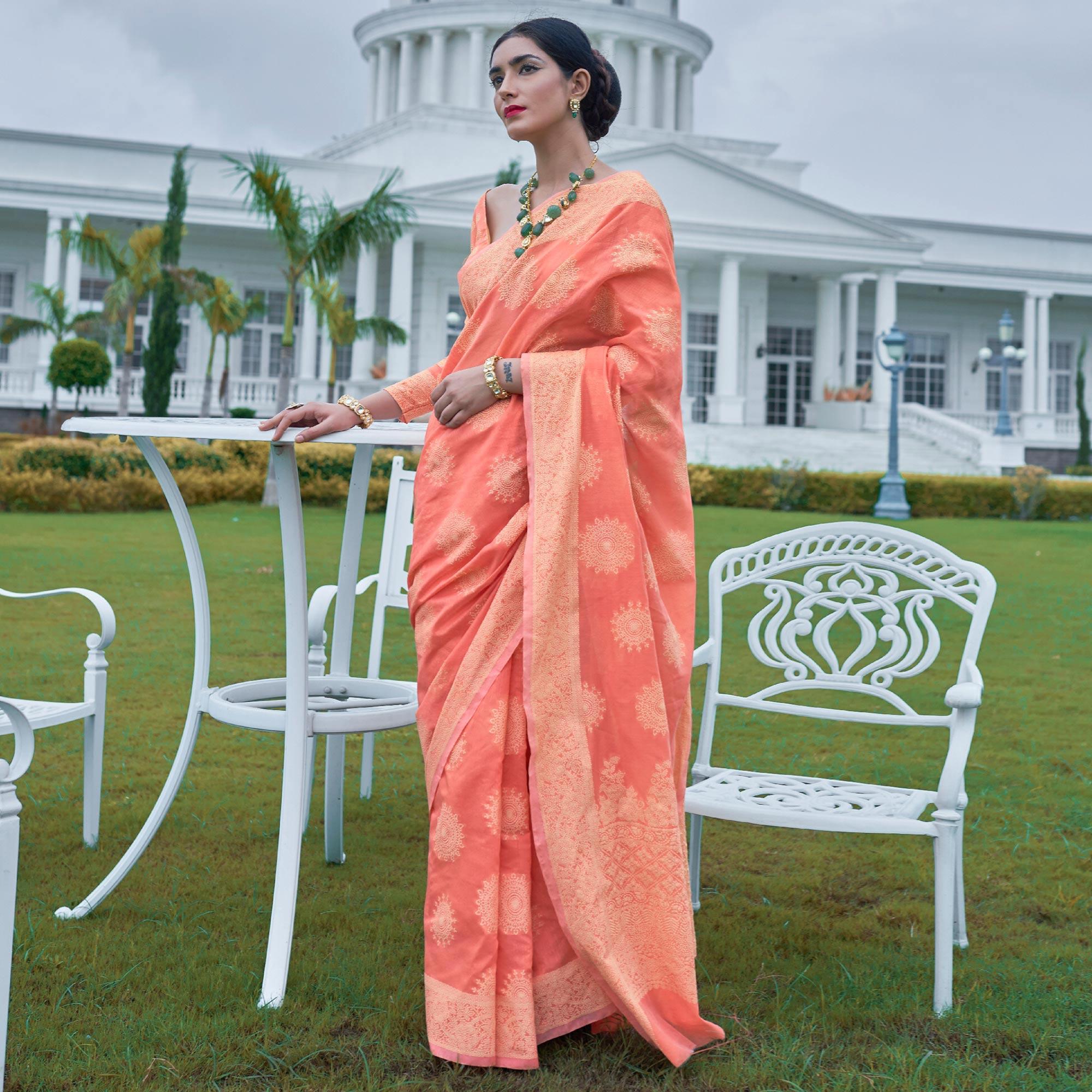 Flaunt Peach Colored Festive Wear Woven Chanderi Saree - Peachmode