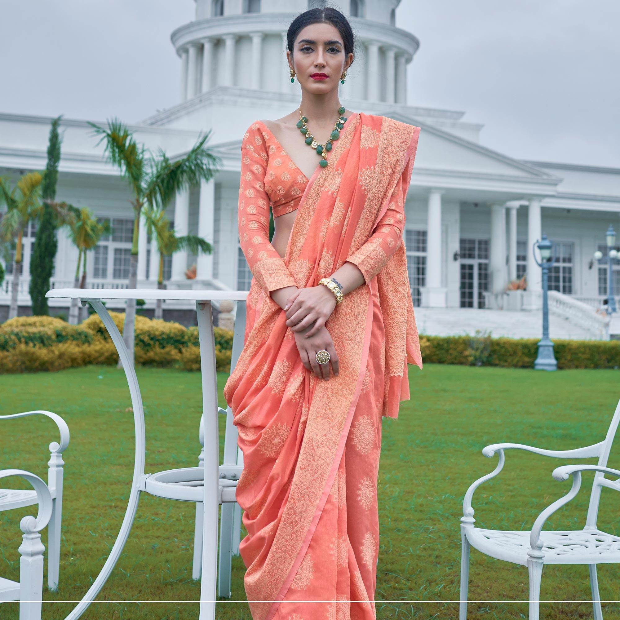 Flaunt Peach Colored Festive Wear Woven Chanderi Saree - Peachmode
