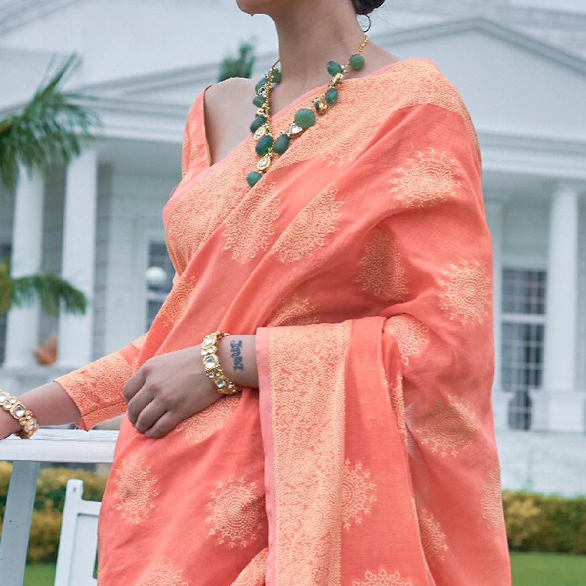 Flaunt Peach Colored Festive Wear Woven Chanderi Saree - Peachmode