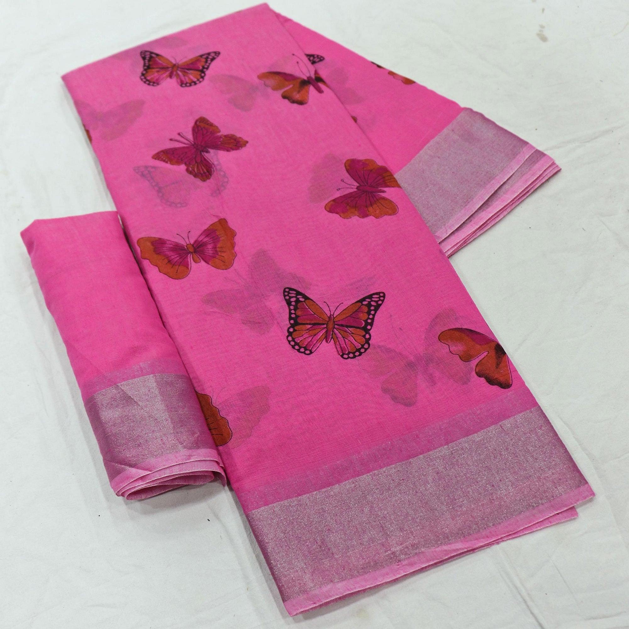 Flaunt Pink Colored Casual Wear Butterfly Block Printed Cotton Linen Saree - Peachmode